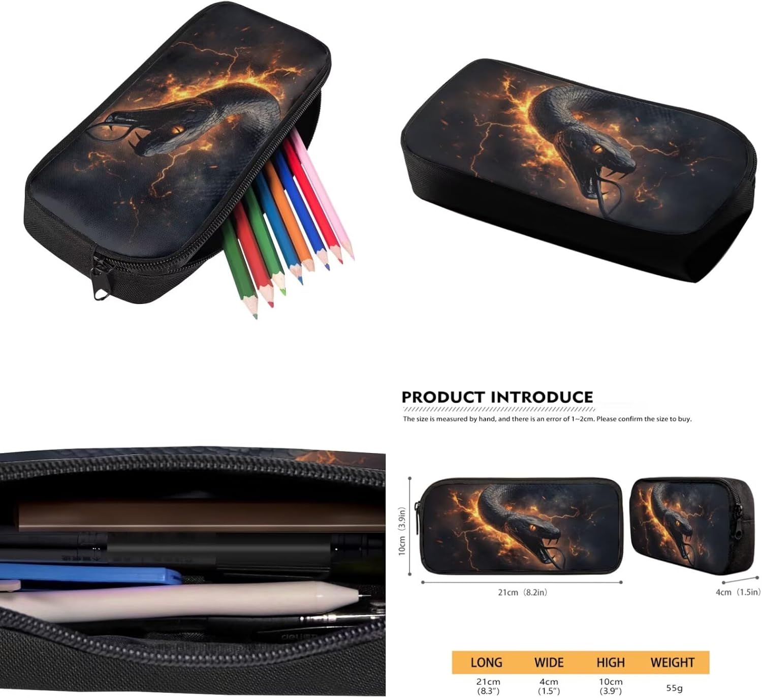 Elementary Boys Backpack with Lunch Box Flame Python Snake Bookbags for 5th Grade Kids with Large Capacity 17 Inch Backpack for Boys Portable Pencil Case Bottle Sleeve for Back to School