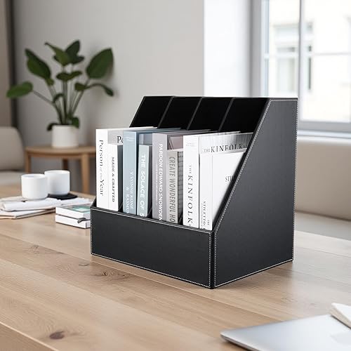 Miniatura 3 de KINGFOM Soporte para archivos de documentos de cuero de madera con 4 ranuras, soporte para archivos, organizador de archivos de escritorio, gabinete