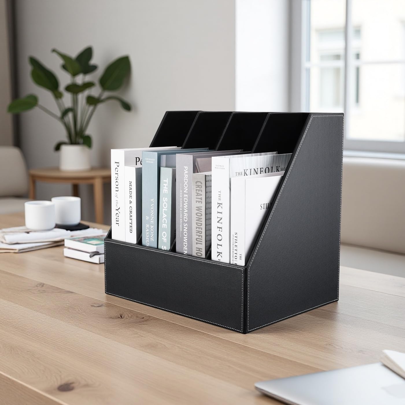 KINGFOM 3 ranuras de escritorio de madera caja de bandeja de soporte de documentos de archivos cubbyhole cesta organizador rack