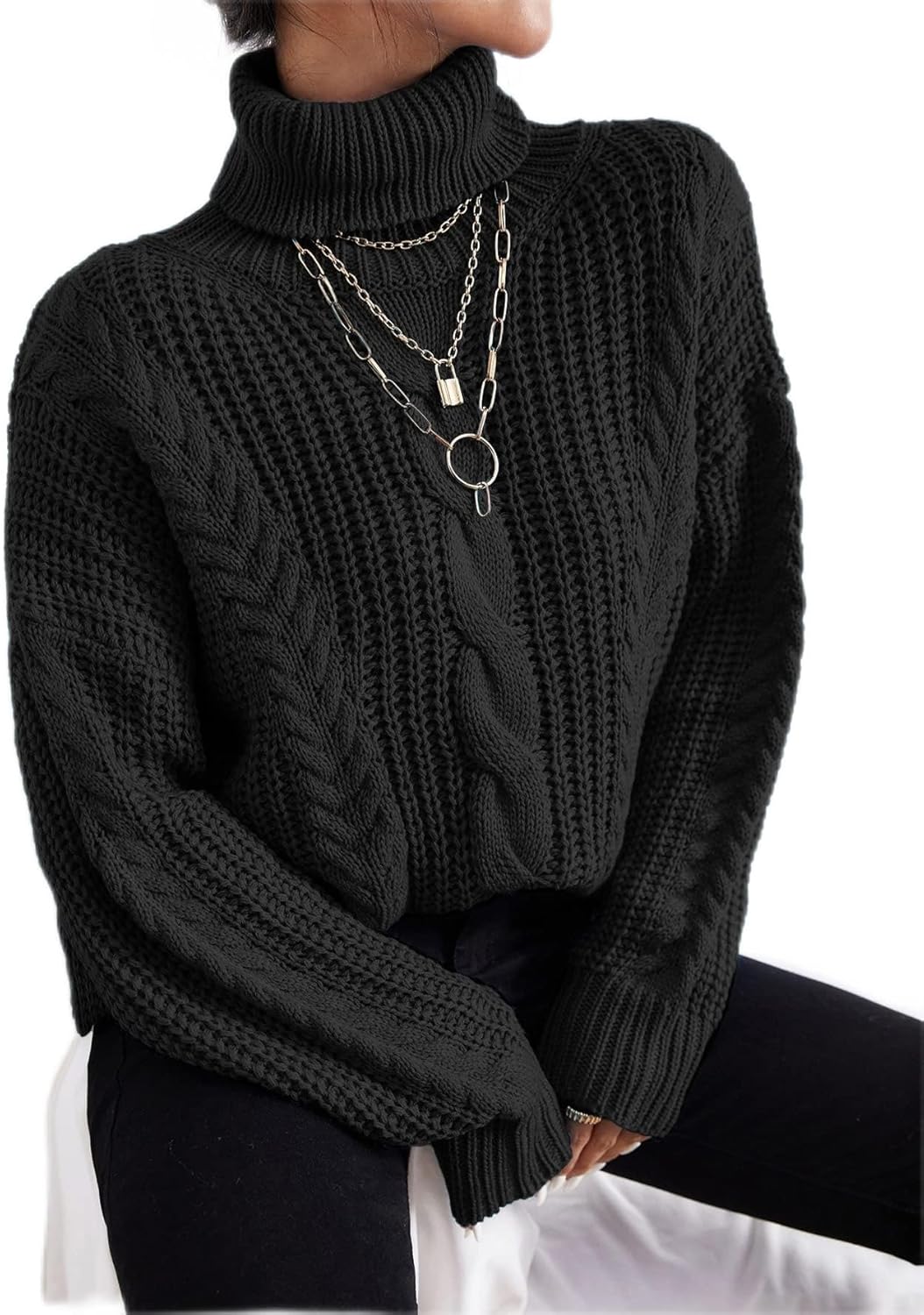 Women's Sweater Cable Knit Turtle Neck Sweater Sweater for Women (Color : Black, Size : Large)