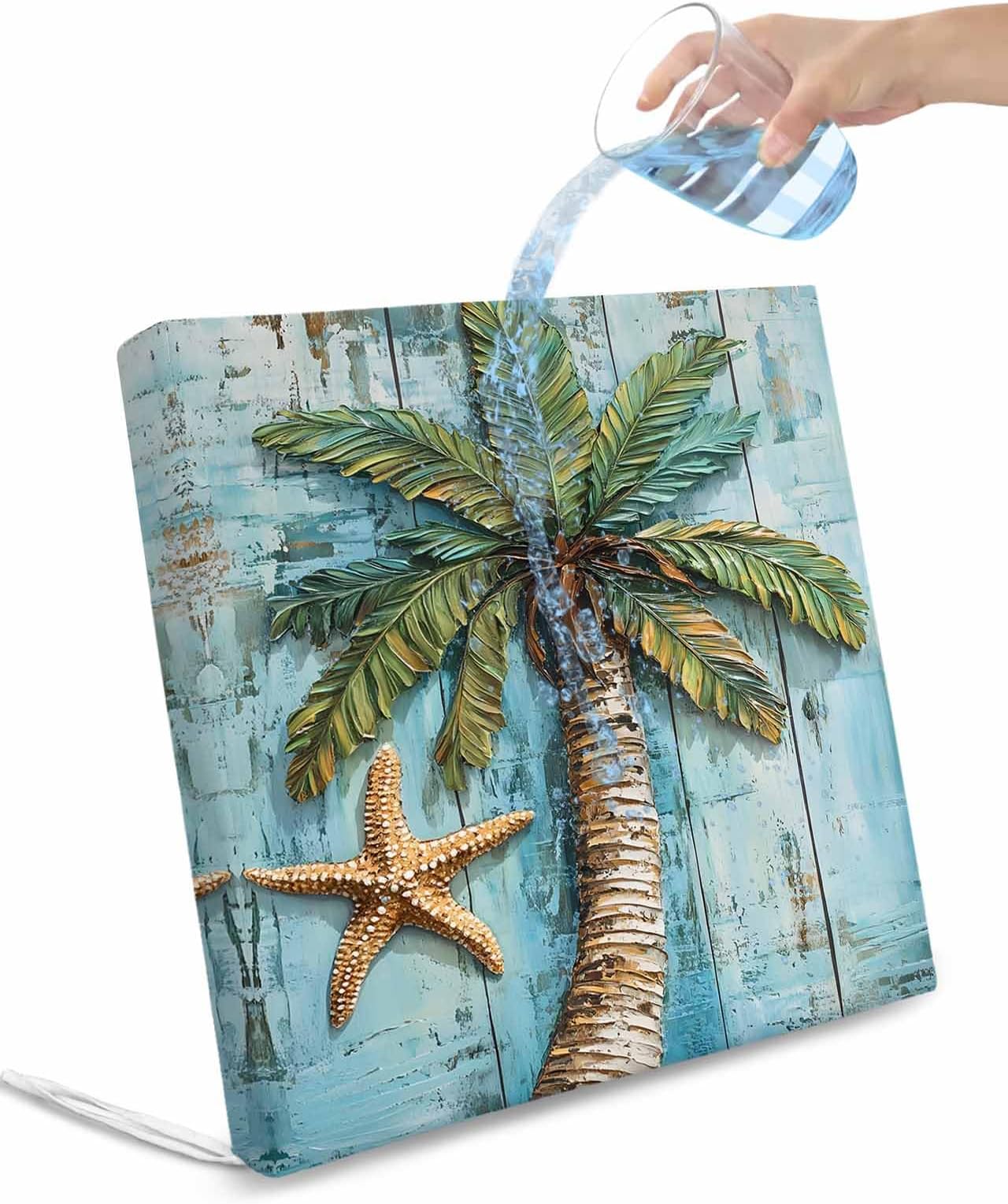 2 Pack Waterproof Patio Cushion Cover for Outdoor,Vintage Coconut Tree Starfish Washable Replacement Covers Furniture Seat Slipcover for Couch Sofa Chair,Tropical Plant Retro Wood Texture 22x20x4in