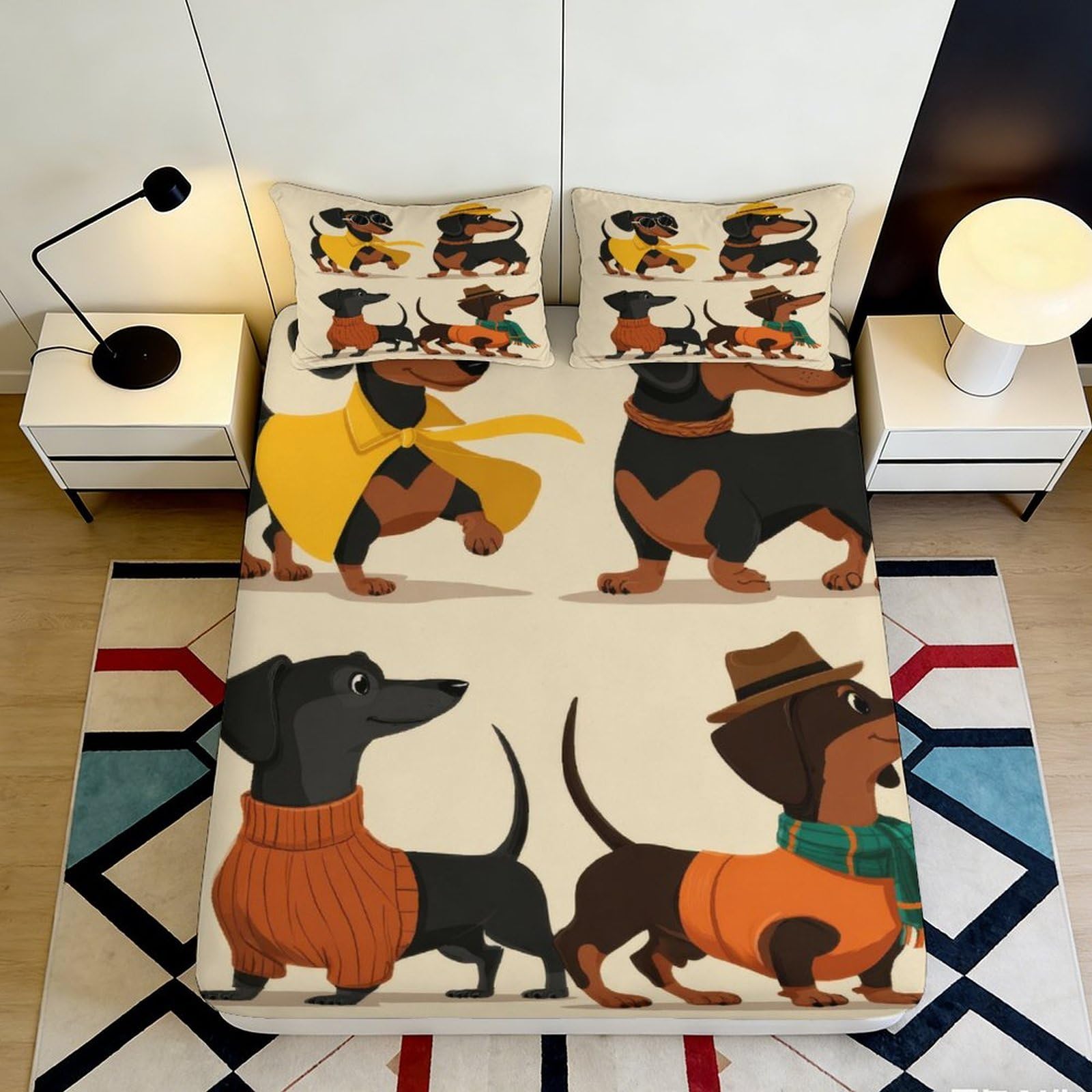3D Printed Cartoon Dachshund Fitted Sheet Microfiber Soft Fun Dog Pattern Mattress Cover for Bedroom Guestroom Decor 90x200x25cm