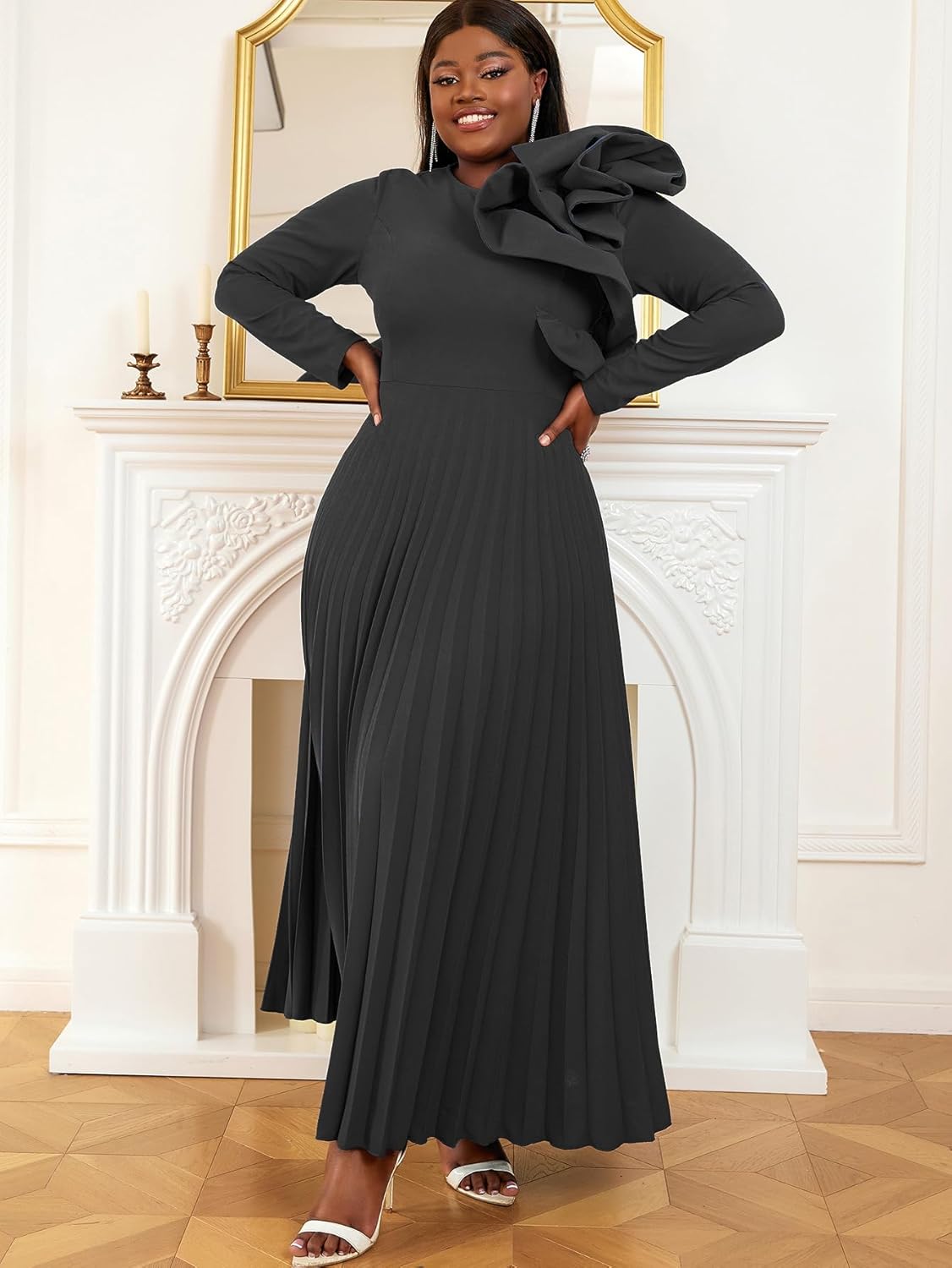 AOMEI Women's Long Sleeve with Asymmetrical Ruffles Pleated A-Line Maxi Dress - Image 2