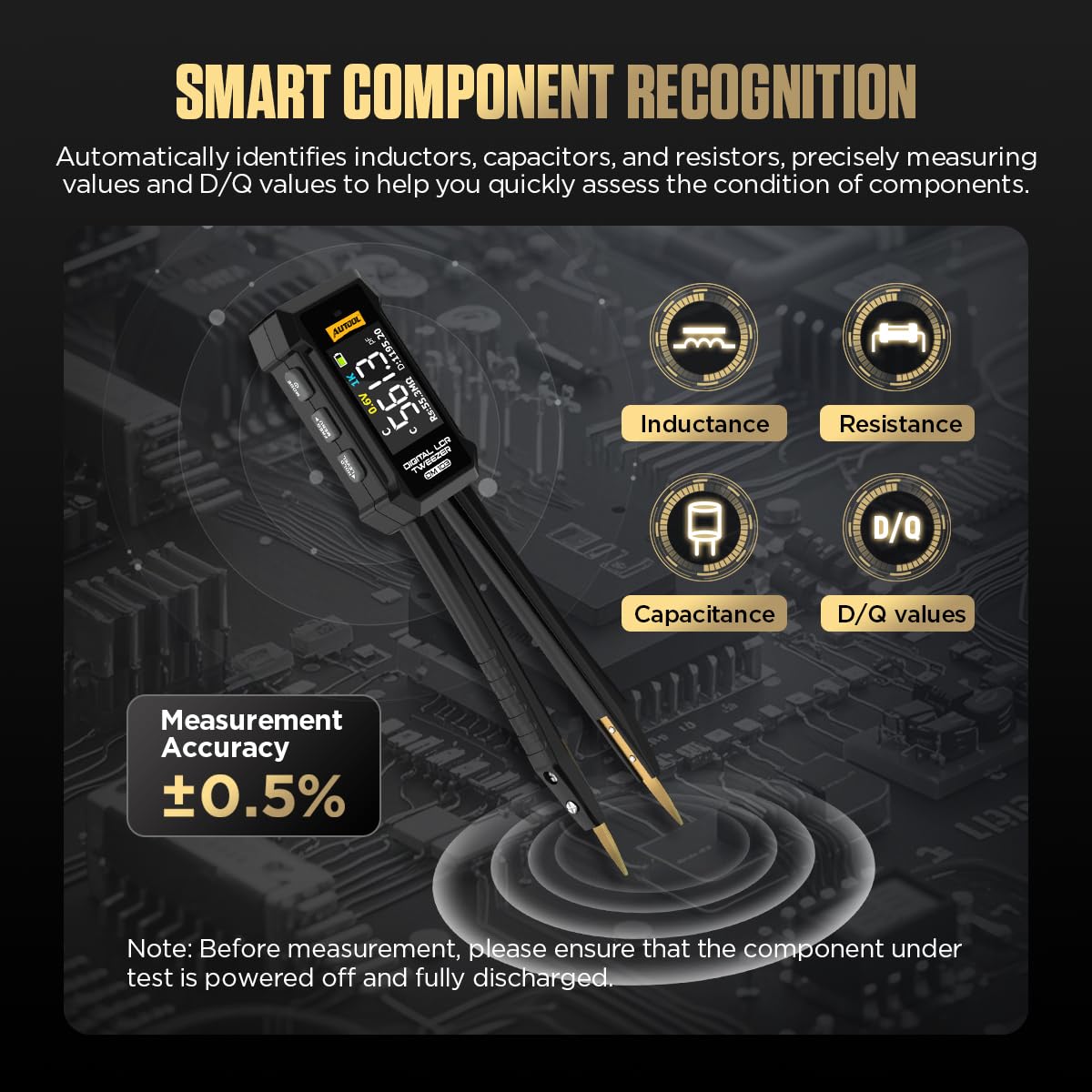 AUTOOL DM103 Digitale LCR-Pinzette, 6-in-1-SMD-Tester, wiederaufladbar, Widerstandsmessbereich 10 mΩ–10 MΩ, Kapazitätsmessbereich 1 pF–20 mF, Induktivitätsmessbereich 1 µH–60 H