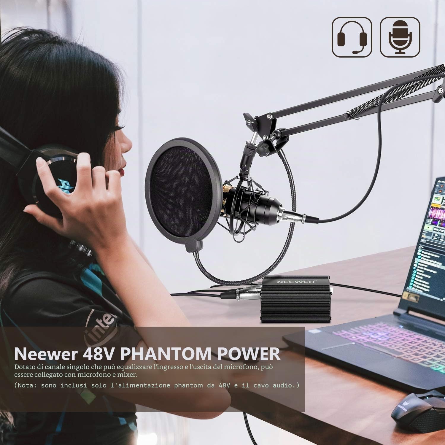 NEEWER Alimentazione Fantasma a 1 Canale 48V con Adattatore e un Cavo XLR Audio a 3 Pin per Tutti i Microfoni a Condensatore e le Apparecchiature di Registrazione