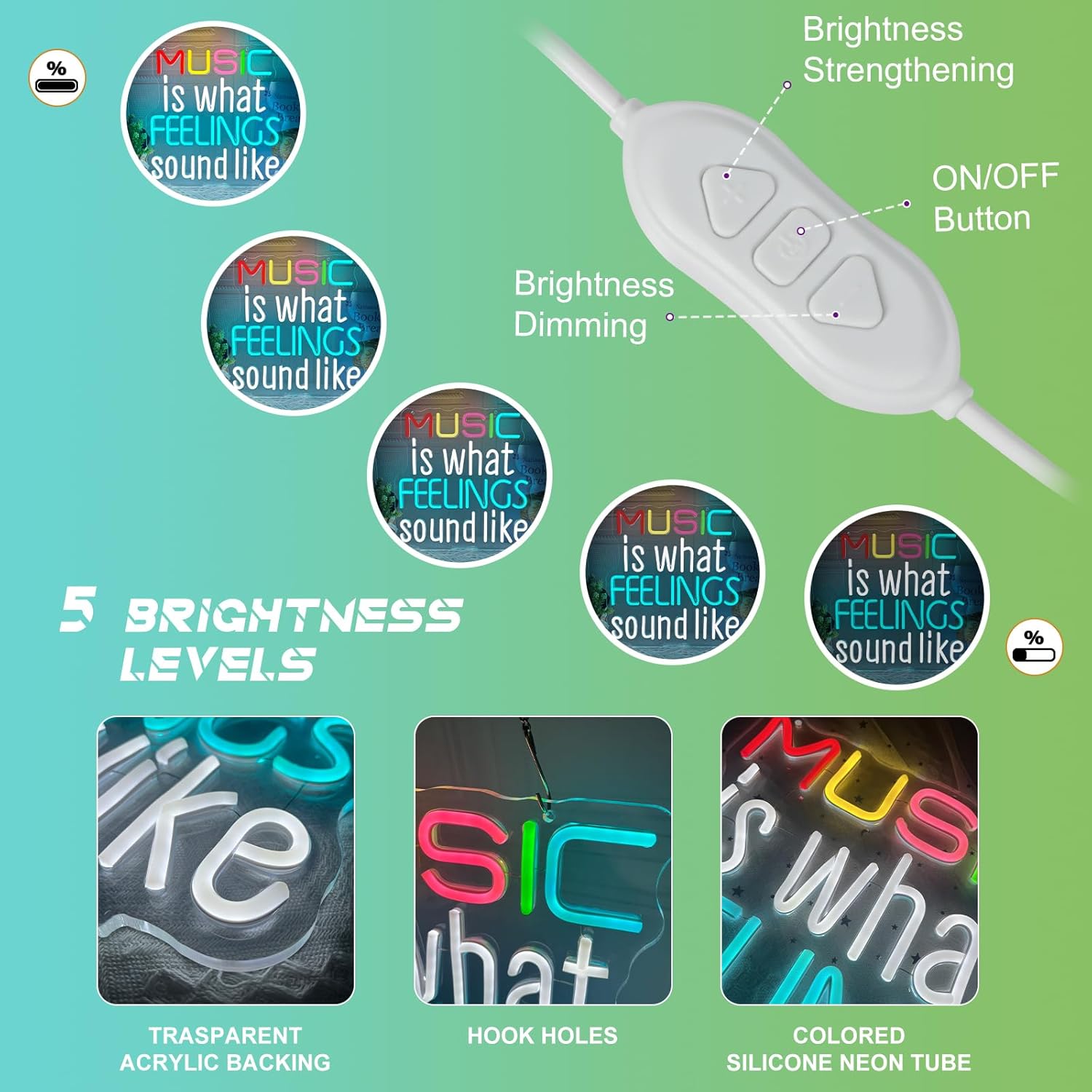 Music Is What Feelings Sound Like Neon Sign Dimmable Music Led Neon Signs with Bracket Colorful Word Neon Light Up Sign for Bedroom Studio Bar Recording Room Game Party Man Cave Wall Decoration