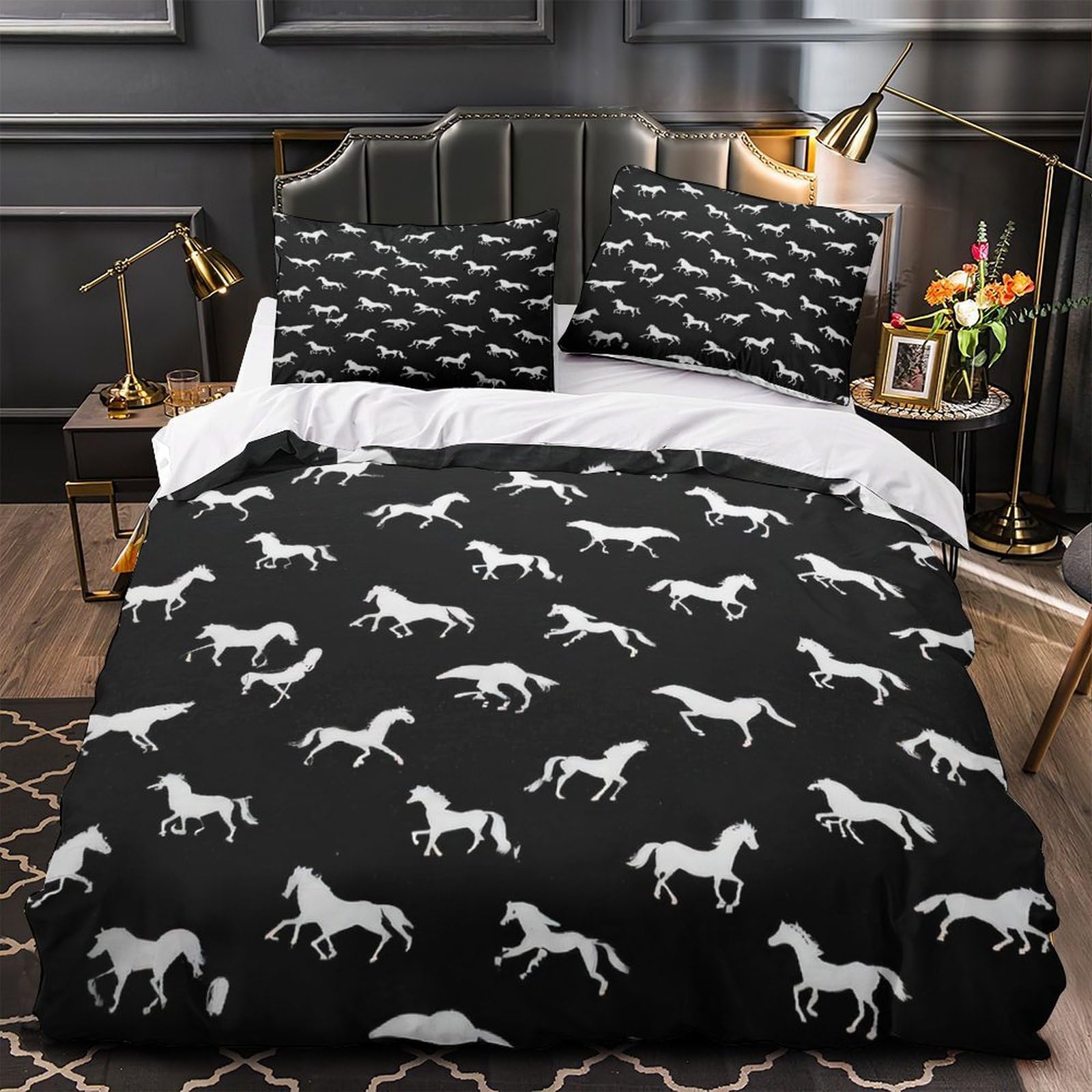 Housse de couette cheval 3D 200x200cm en microfibre hypoallergénique pour lit double