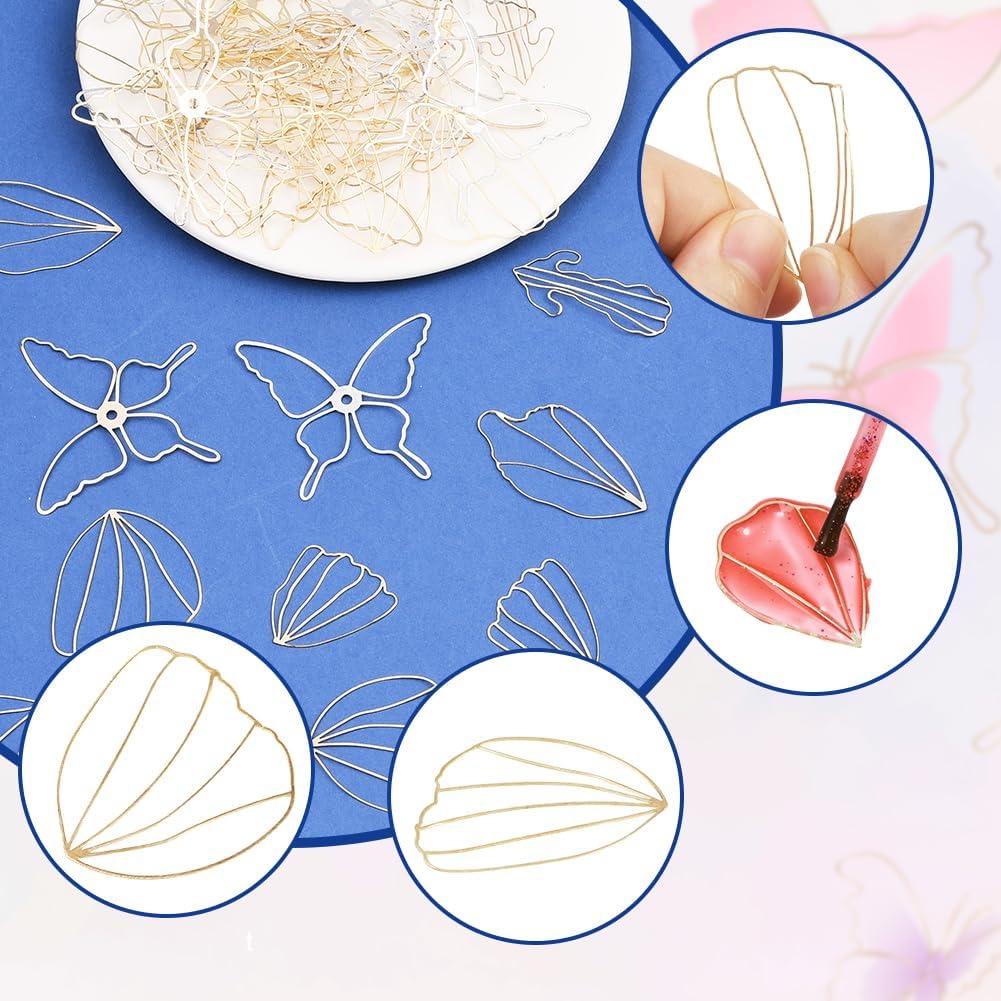 SUNNYCLUE 1 Box 70Pcs 7 Styles Flower Shaped Bezels Open Bezel Pendant Frame Silver Gold Butterfly Nuggets Leaf Iron Hollow Back Charms Findings for UV Resin Jewelry Making Earrings Necklace DIY Craft - Image 3
