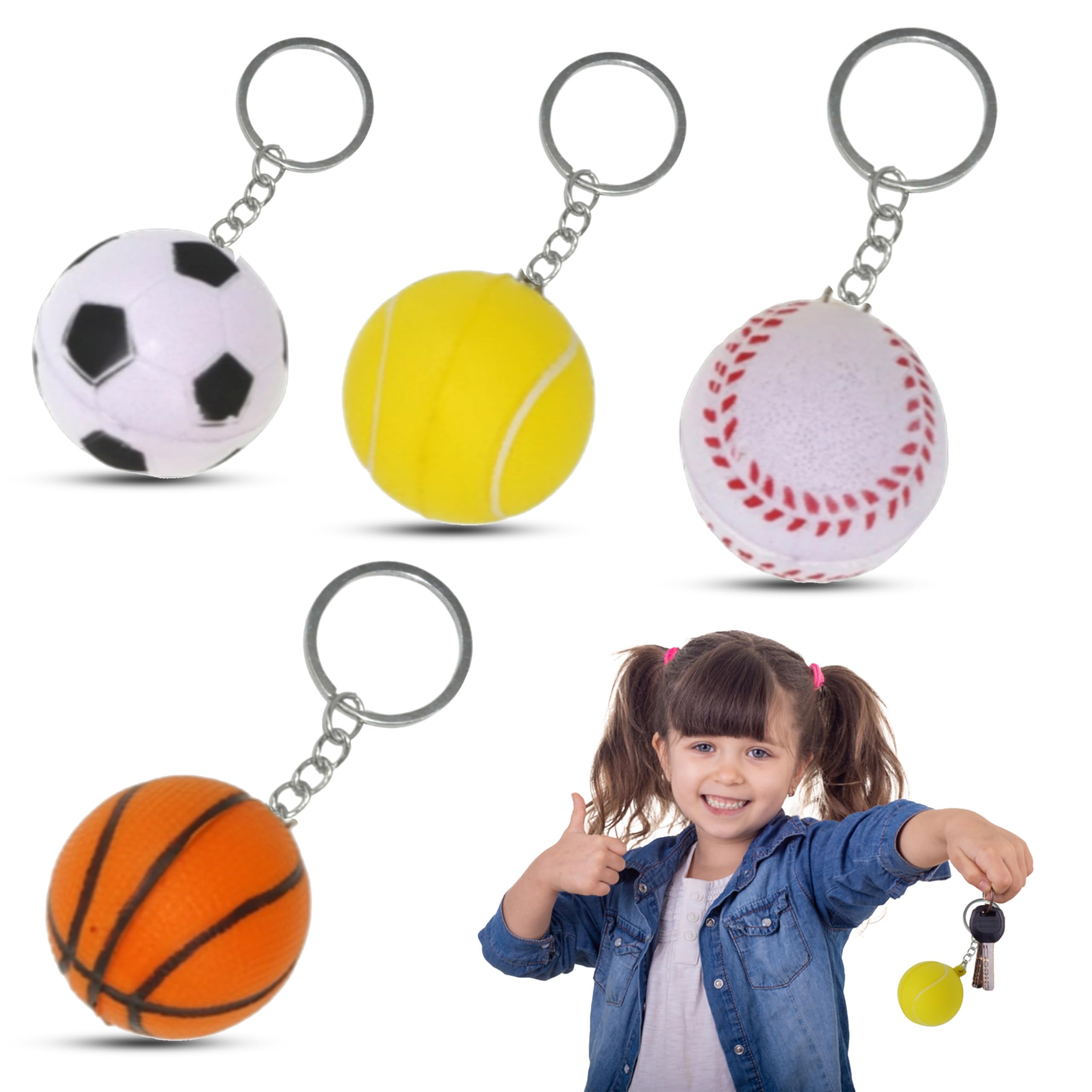 SRV Hub 4x Mini Sports Keychains Set – Soccer, Basketball, Baseball, Tennis Keyrings for Kids & Adults, Party Favors, Sports Gifts, School Bag Fillers, Fun Decorations