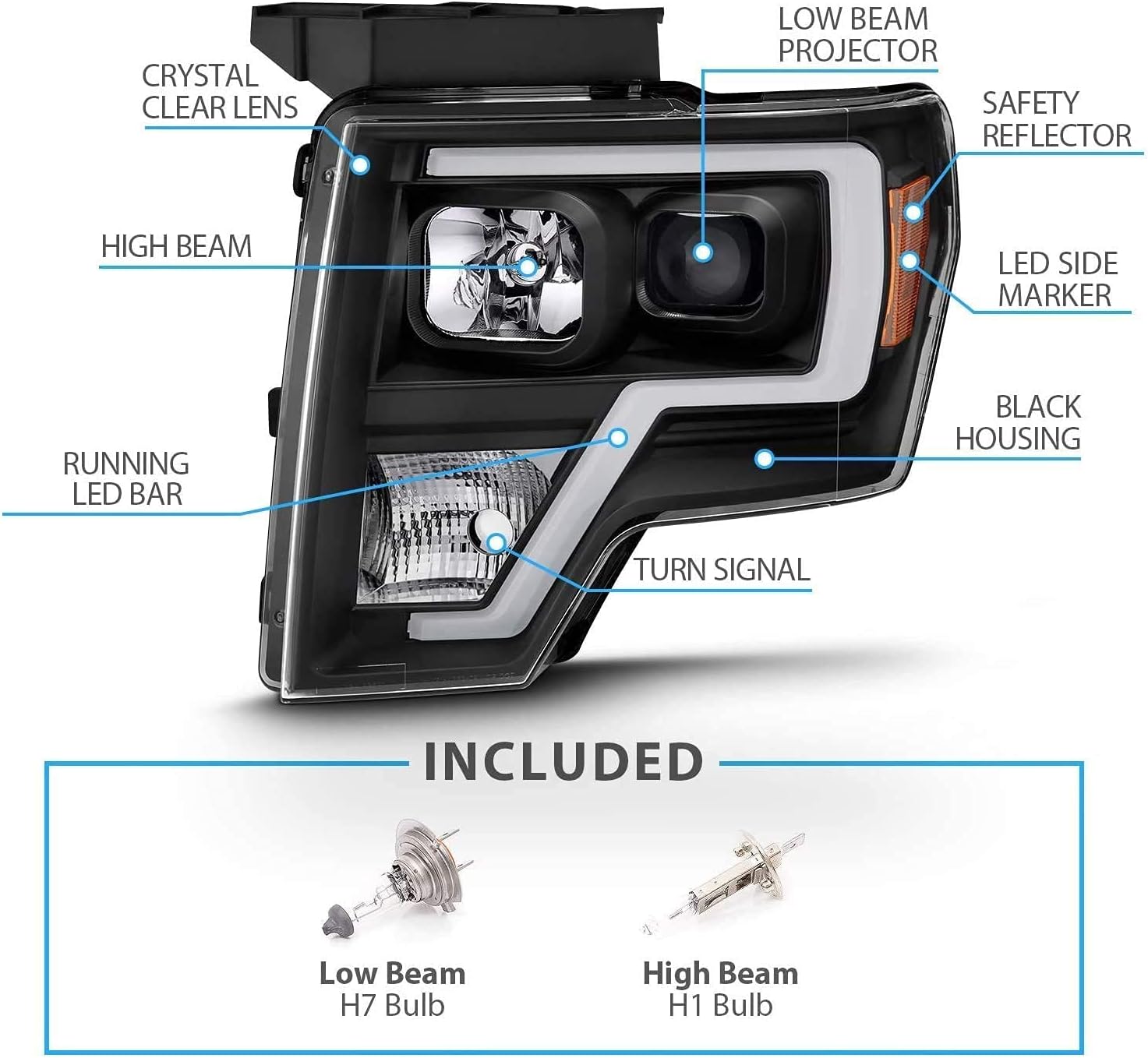 AmeriLite for 2009-2014 Ford F150 Truck LED Bar Square Projector Halogen Black Headlights Set High/Low Beam Bulb Included - Driver and Passenger Side