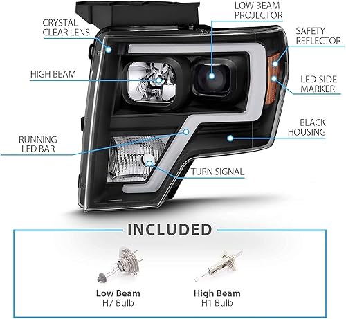 Miniatura 5 de AmeriLite - Juego de barra LED de faros delanteros de proyector negro para Ford F150 (par), foco de haz altobajo incluido