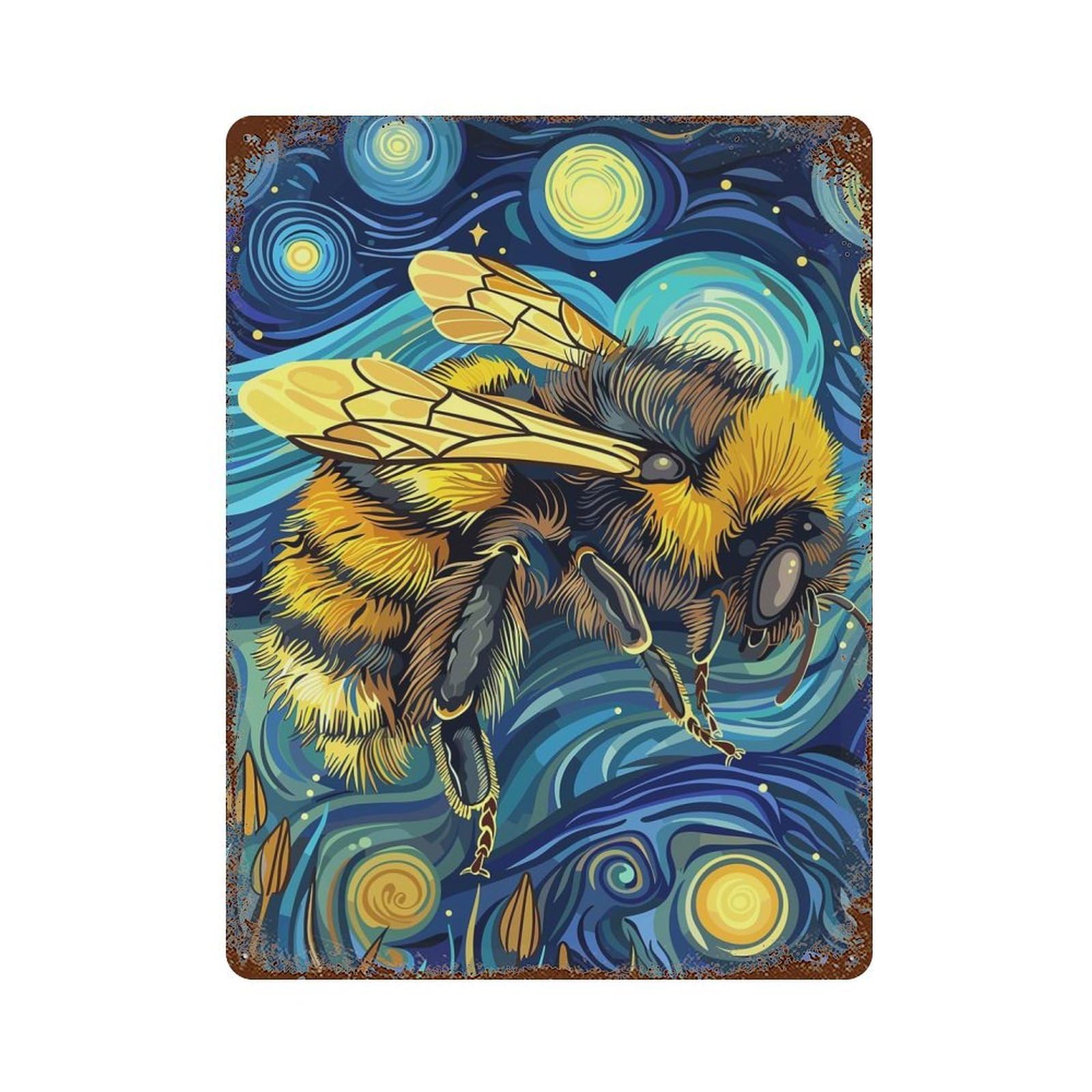 Garage Style Bee in Starry Night Style Aged Metal Wall Plaque 15.7"x11.8", Farmhouse Wall Decor for Bar And Workshop