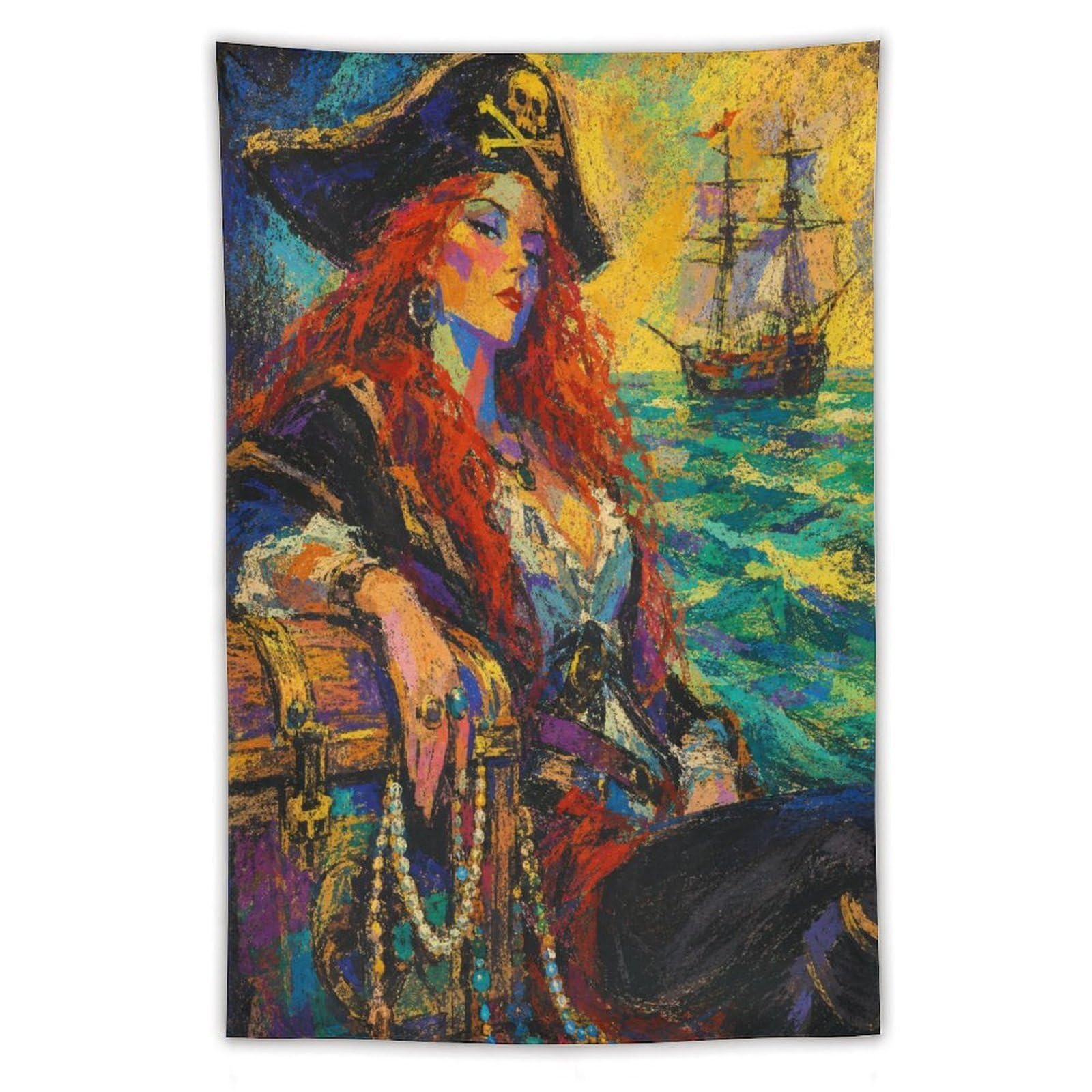W7C8U2X3 Pirate Woman by Ship Wall Tapestry, Oil Painting, Ocean Sunset