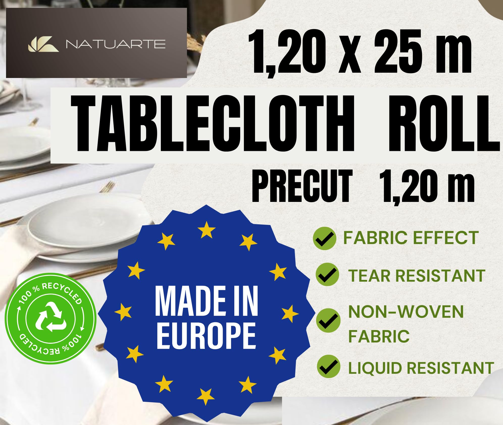 NATUARTE Tablecloth, 1.20 m x 25 m, Disposable Banquet Roll, Fabric Like Look and Feel, Roll for Parties Celebrations - Image 4