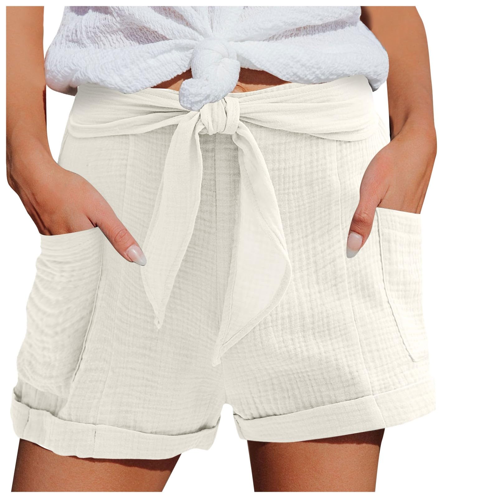 Short Lin Coton Femme Été Taille Élastique Avec Poches - Bermuda Plage Casual Sport