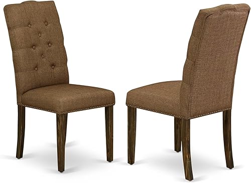 East West Furniture ELP7T18 Elsa Parson - Juego de 2 sillas de comedor acolchadas de tela de lino marrón con ribete de clavos y botones copetudos,