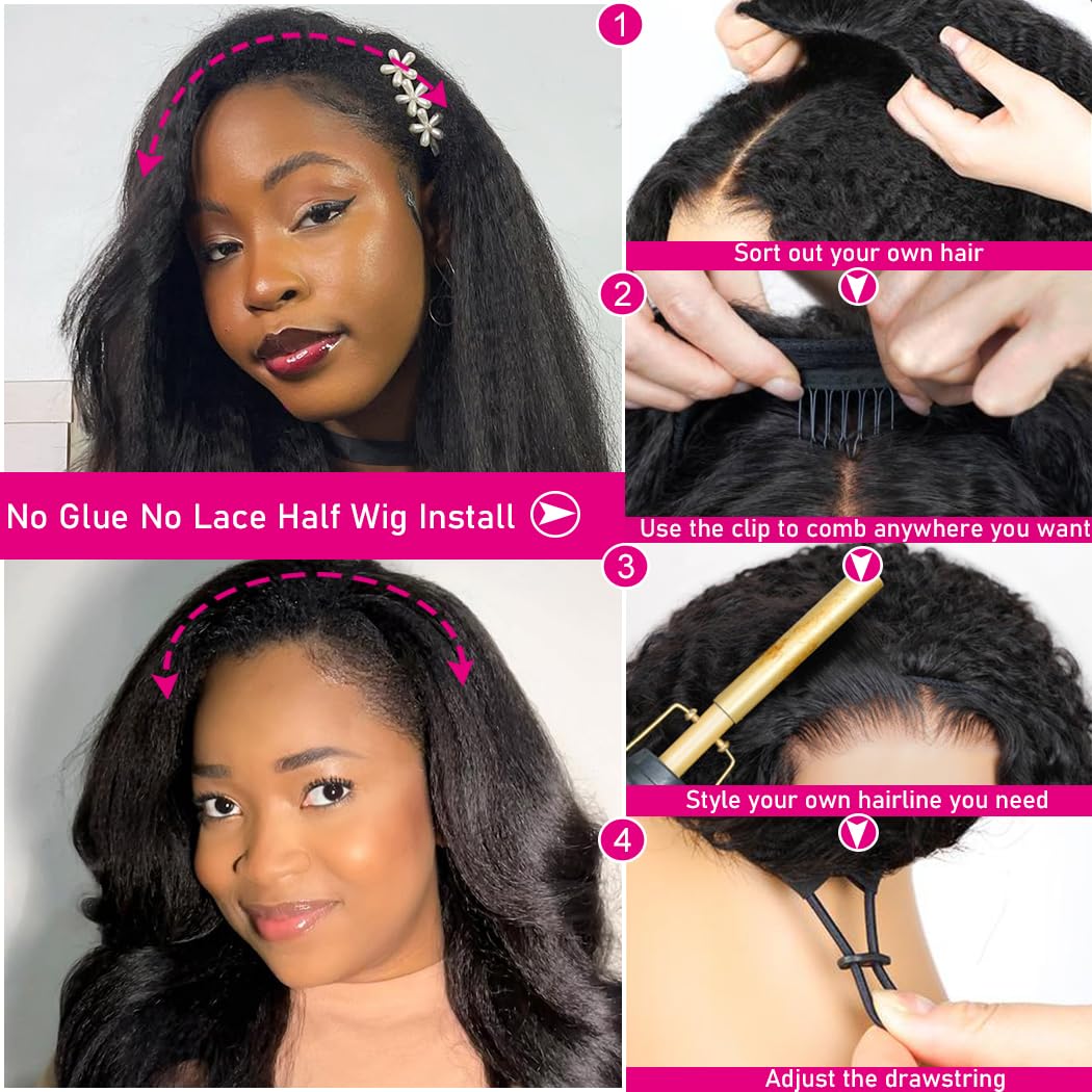 Kinky Straight Half Wig Human Hair 200 Density 3 In 1 Seamless Flip Over Half Wigs Human Hair Glueless Wear and Go Beginner Friendly Kinky Straight Human Hair Drawstring Headband Wig for Women 20 Inch - Image 3