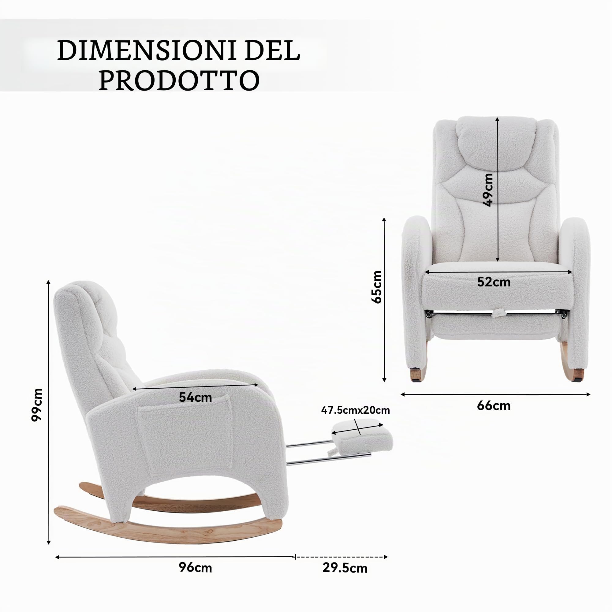 SUKY Sedia a dondolo, poltrona relax, capacità di carico di 110 kg, sedia da salotto con braccioli, sedia a dondolo imbottita, sedia accento per camera da letto, tessuto in peluche bianco (bianco)