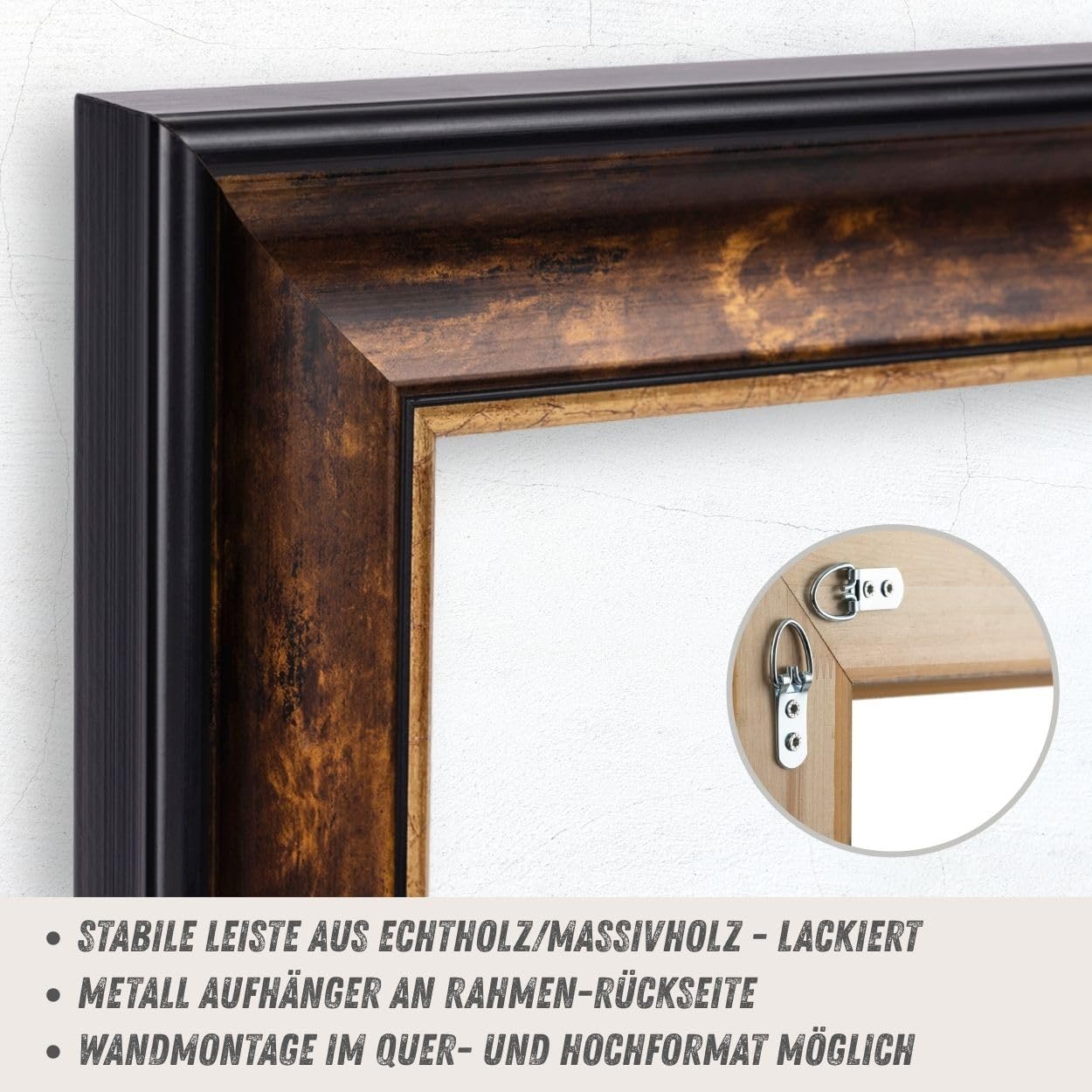 N°73 Barock Bilderrahmen 30x40 cm Bildmaß, Braun Schwarz Gold | breite Echtholz-Profilleiste, Acrylglas glasklar & bruchsicher, Vintage-Stil, HDF-Rückwand, Metallaufhänger, handgefertigt