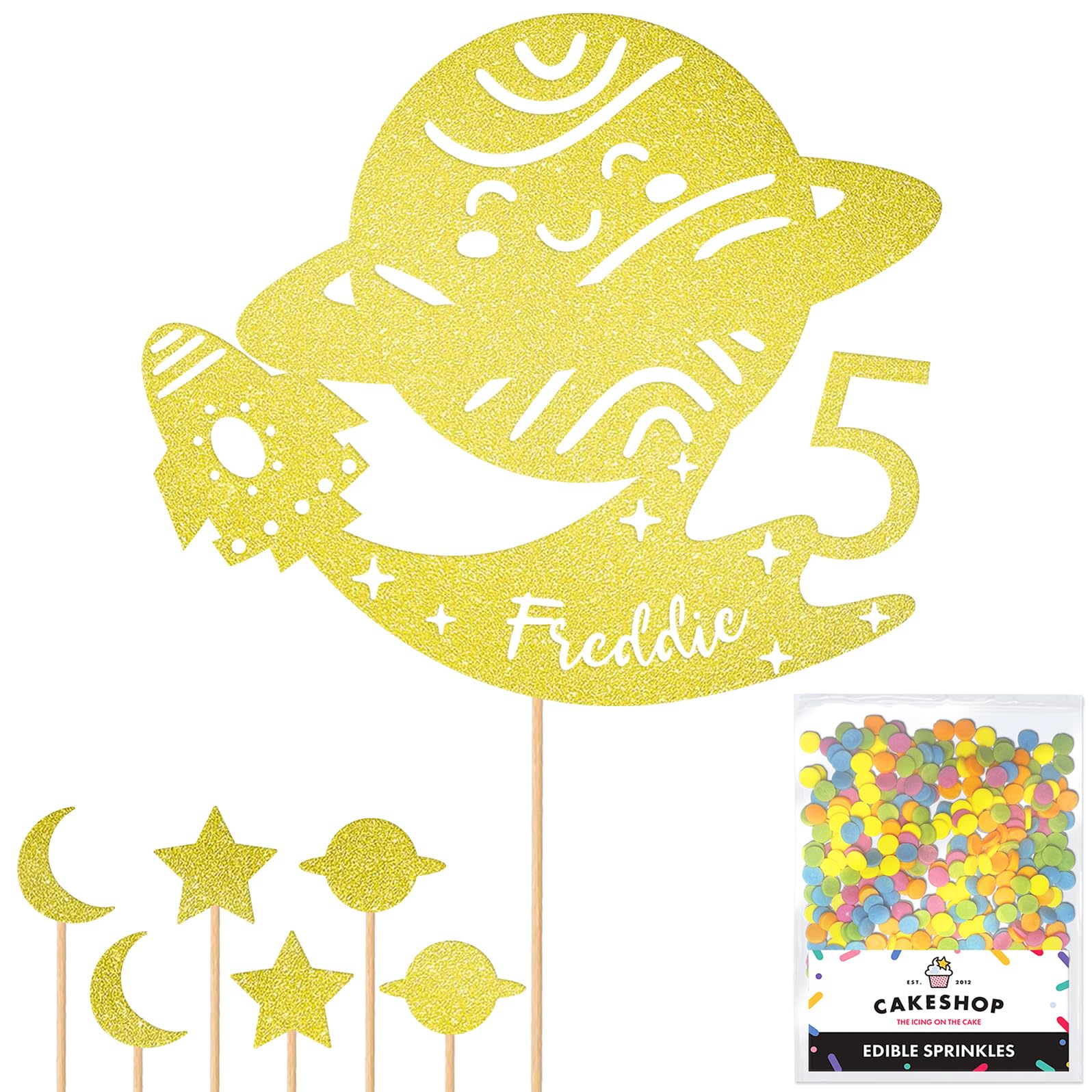 Personalised Space Rocket Planet Glitter Cake Topper Champagne Any Custom Age & Name Glitter Cake Decoration and Sprinkles - Happy Birthday Decorations - Personalised Toppers for Cakes by Cakeshop
