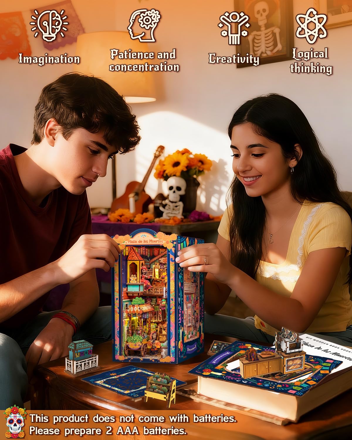 CUTEBEE Book Nook Kit - Miniaturowe domki lalkowe DIY meksykańska fiesta, Żywy model uliczki z LED, Prezent dla rodziny i przyjaciół (Plaza de los Muertos)