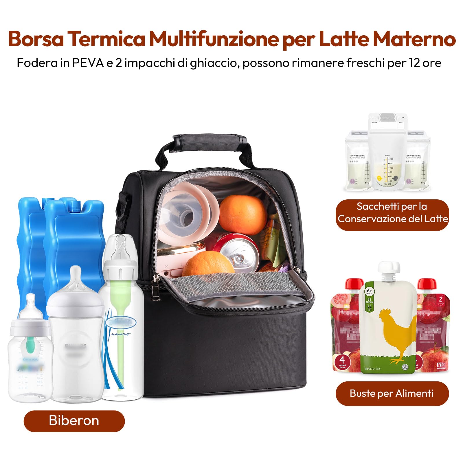 NCVI Borsa termica per latte materno impacco di ghiaccio-doppio strato per 6 bottiglie, fino a 9 once per borsa zaino per tiralatte madre che allatta