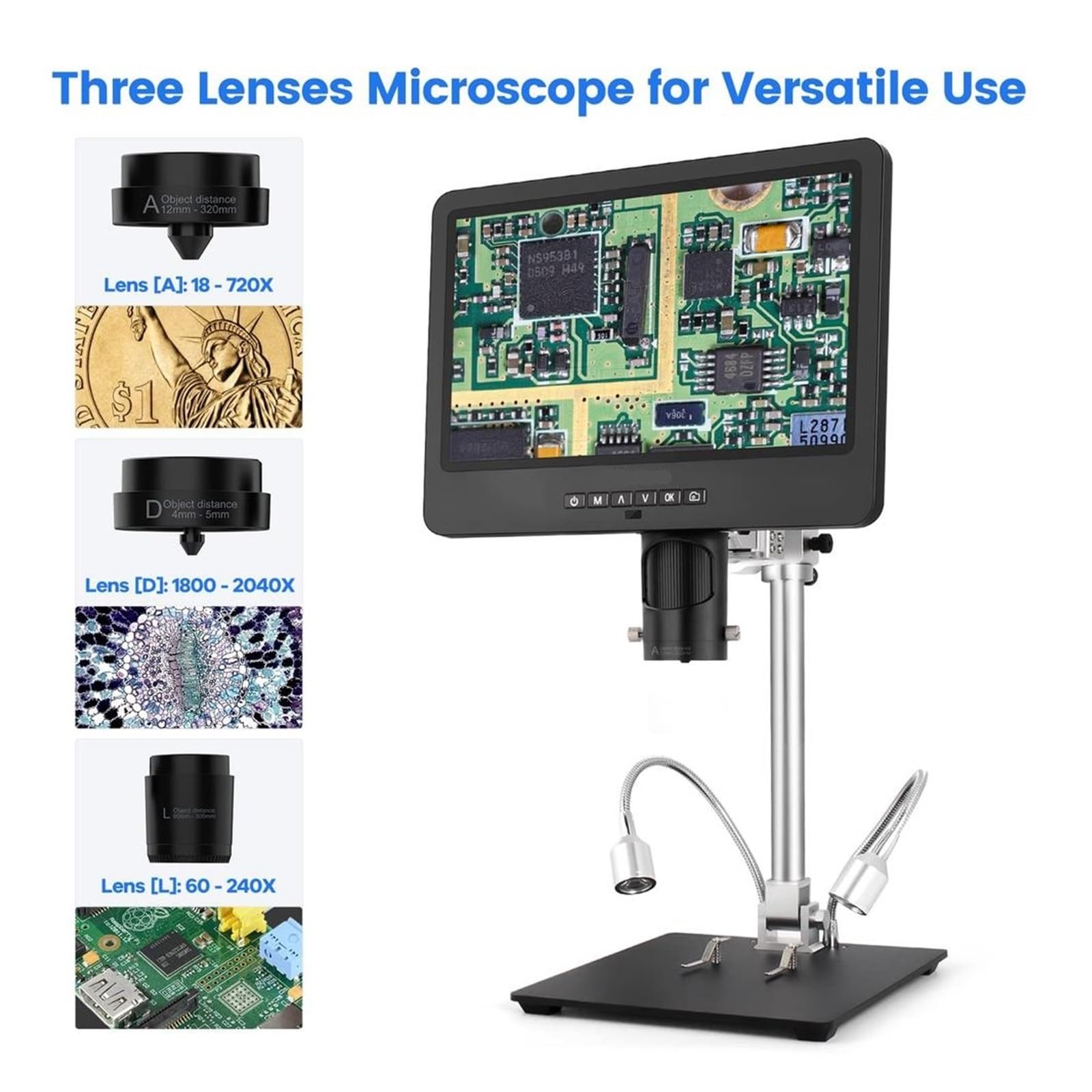3 Lens 10.1" LCD Digital Microscope 2000x 24MP Soldering Metal Stand Adjustable Vertical Horizontal Observation