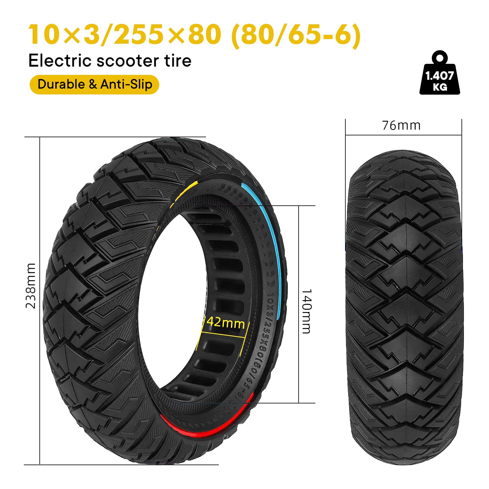 10×3 Pneumatico Solido per Scooter，255 x 80(80/65-6) Ruota Monopattino per Kukirin G3/Kaabo Wolf Warrior/Kugoo M4 /Mantis 10/Zero 10X,10 Pollici Ruota di Ricambio Antiscivolo e Antiforatura