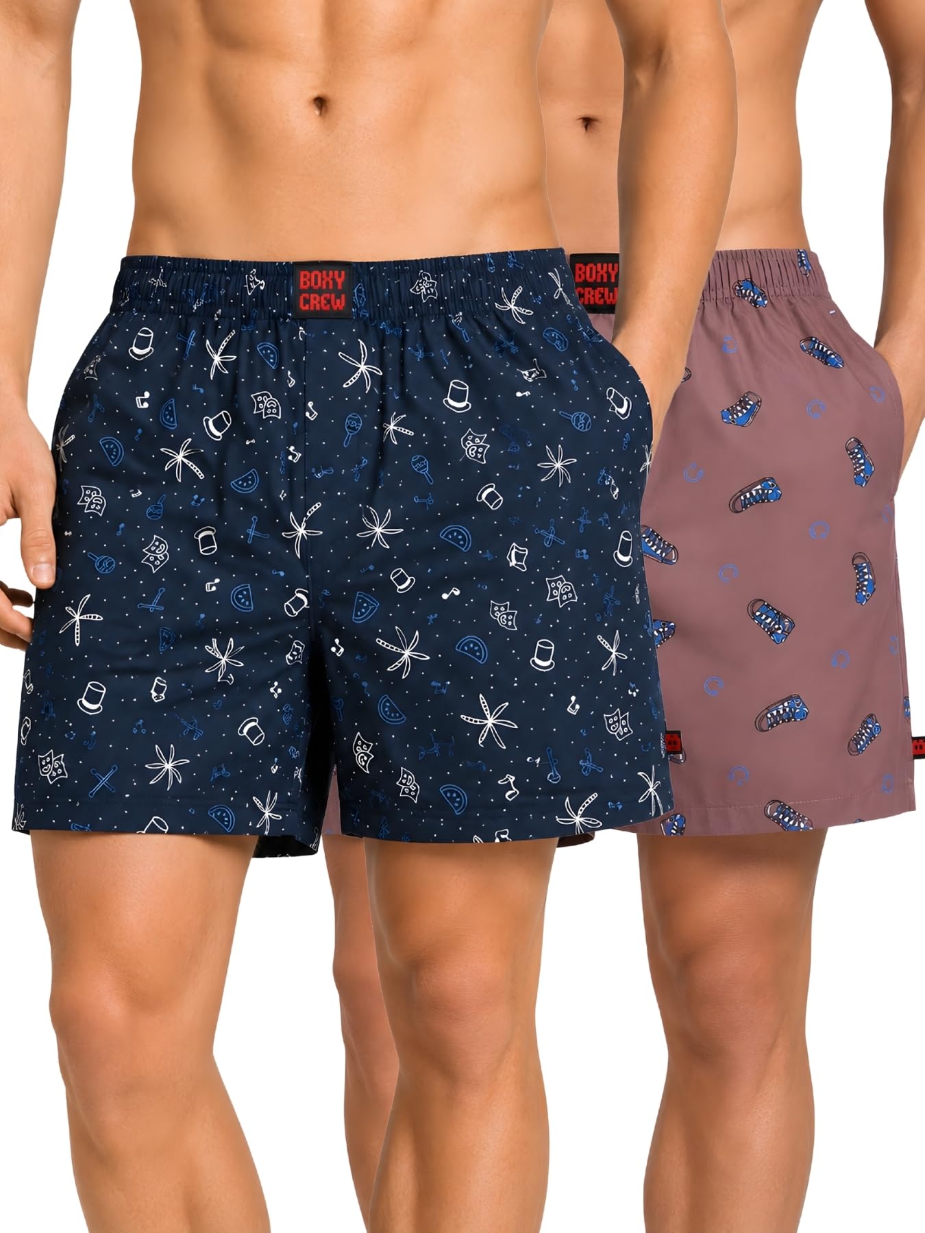 boxy crew Men Boxer Shorts Pack of 2, 100% Cotton Woven Boxers, Blue & Mauve, Printed Designs, Dual Side Pockets, No-Marks Inner Elastic Waistband, Relaxed Fit Lounge & Sleep Shorts-picture-54