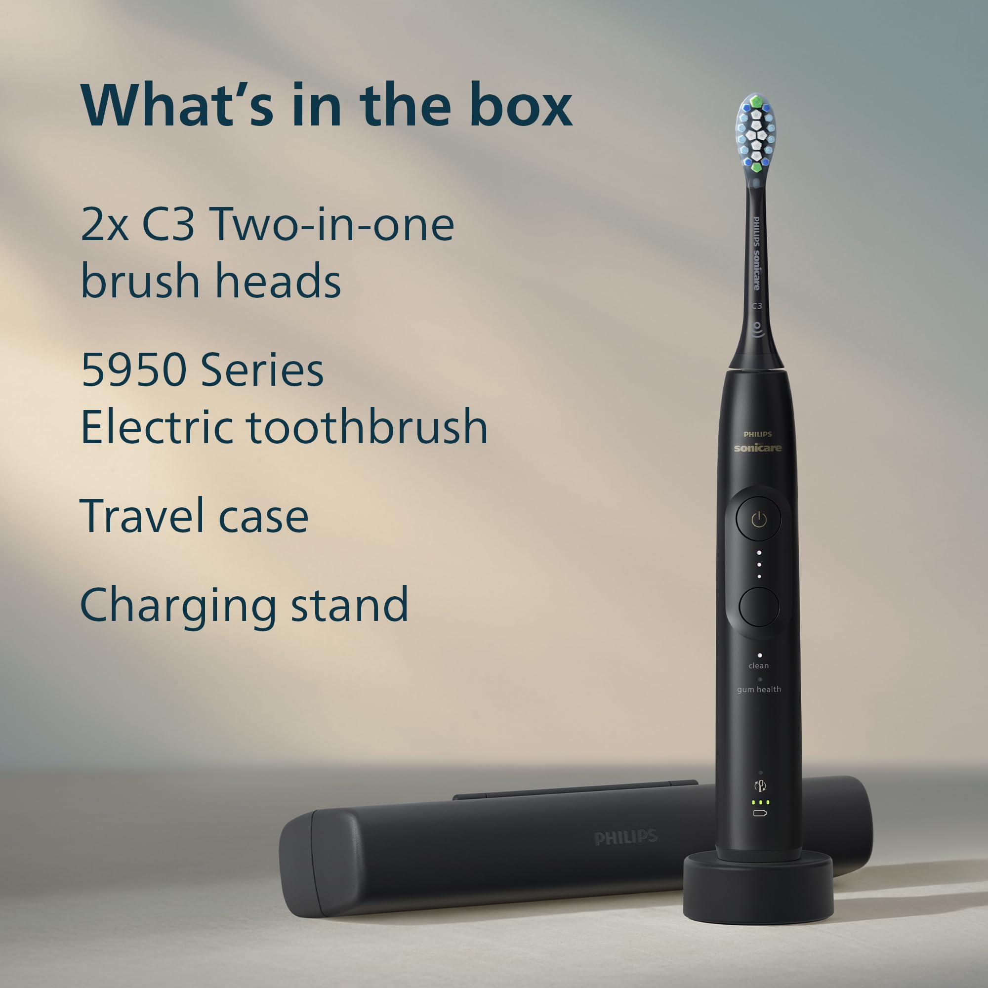 Philips Sonicare Spazzolino elettrico serie 5950, con sensore di pressione, 6 impostazioni di pulizia, SmarTimer, BrushPacer, custodia da viaggio, colore: nero, HX7131/03