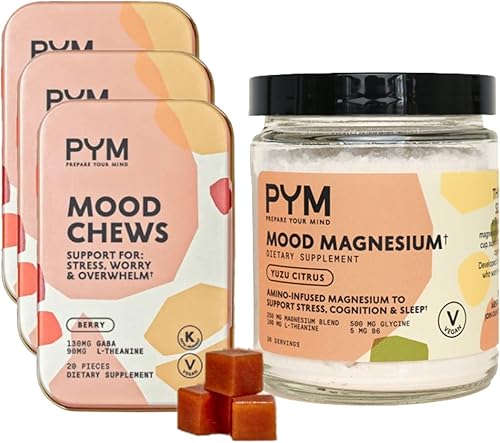 PYM Berry Mood Chews (60 unidades) y Mood Magnesio Powder (30 porciones) - Apoyo para el estrés, la preocupación y el abrumamiento Sin OMG, sin