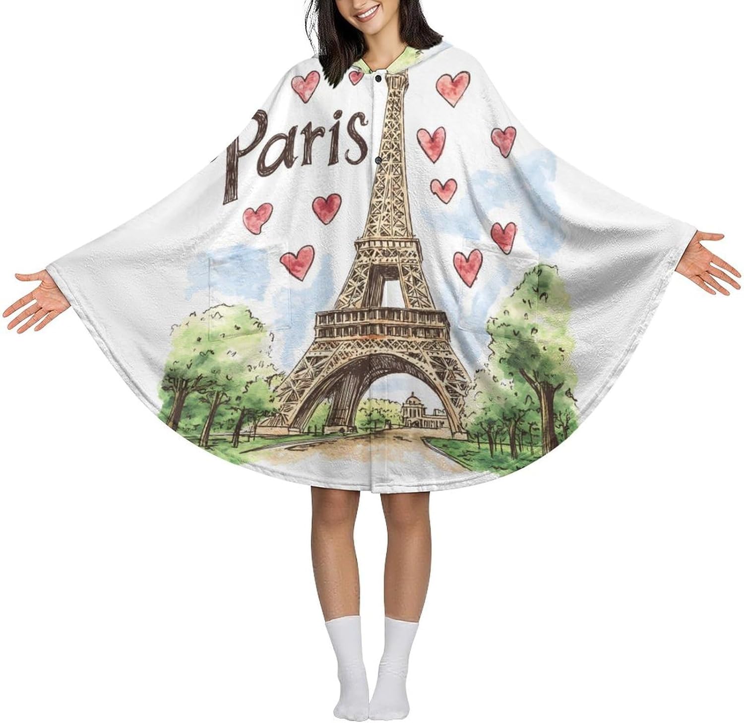 Paris Eiffel Tower Wearable Blanket with Hooded Flannel Blankets Cape with Pocket