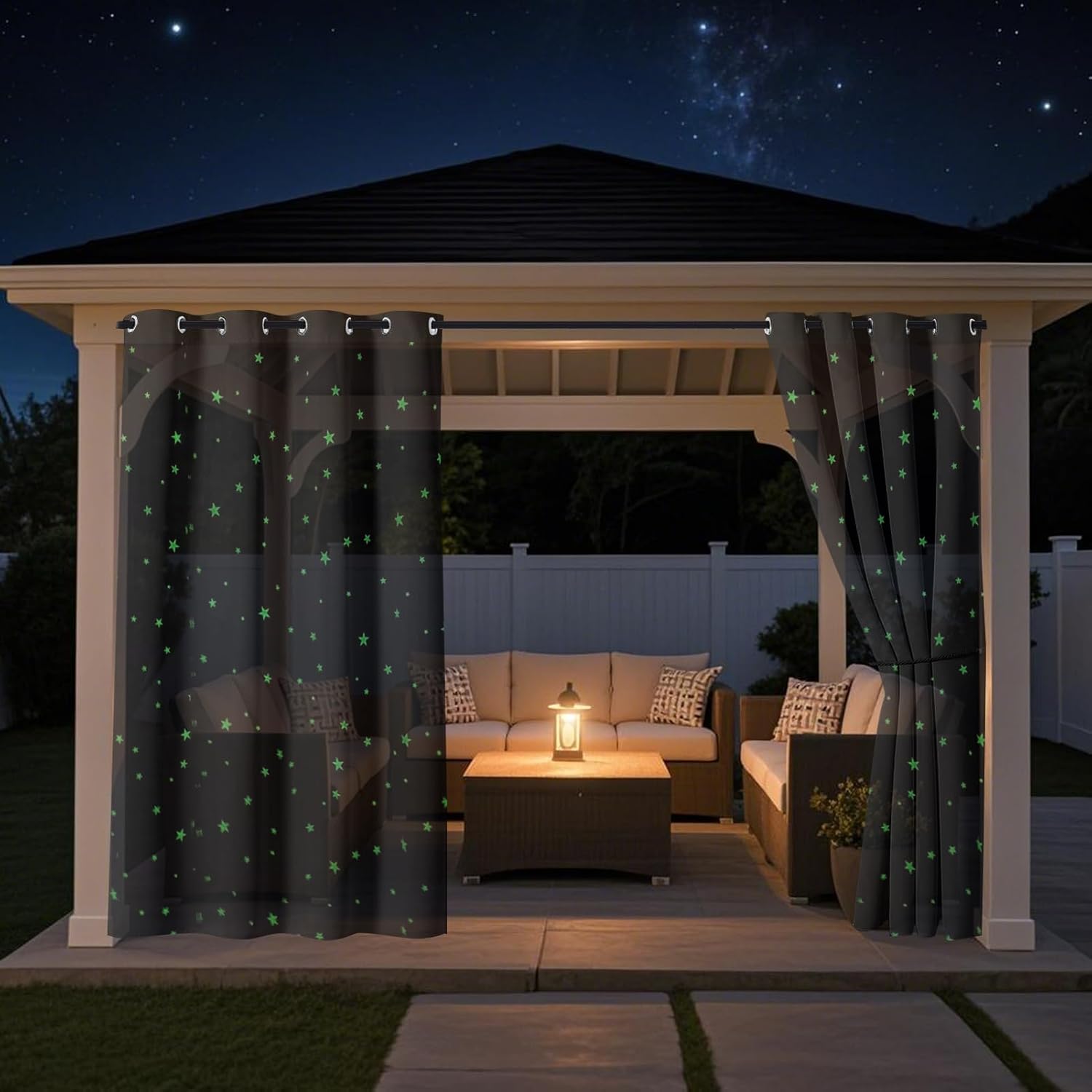 SK Studio Outdoor Sheer Curtains for Patio, 2 Panels Waterproof and Glow in The Dark Star Print Voile Drapes Privacy Curtains for Living Room, Gazebo, Porch, Balcony, Black, 52" W x 84" L