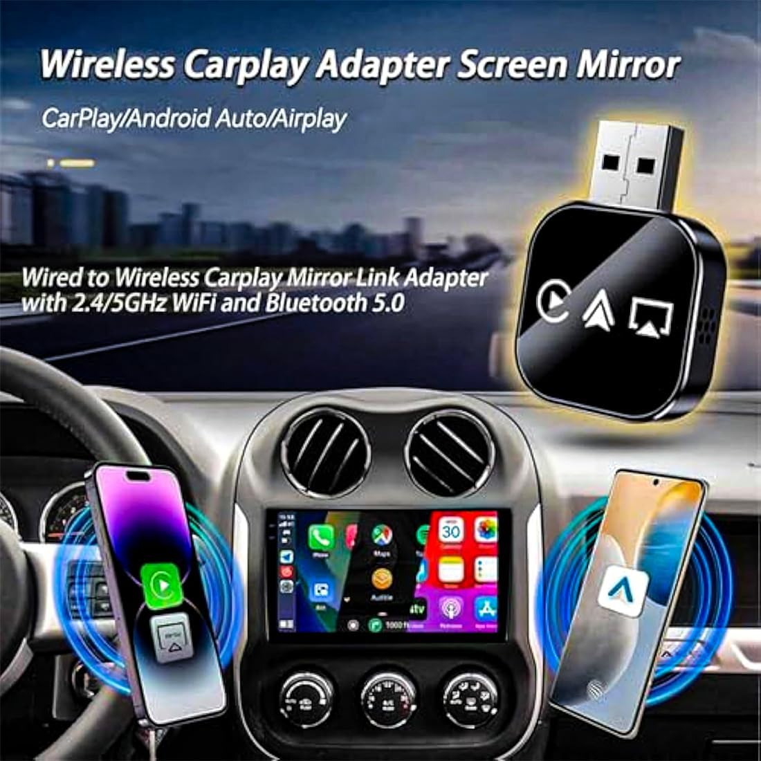 2026 Upgrade 3 in 1 Screen Mirror iOS Phone, Wired to Wireless Carplay Adapter, Plug-and-Play Smart Car Interconnection Box for iPhone/Android Link Bluetooth Auto Connect Portable Movies (Black)