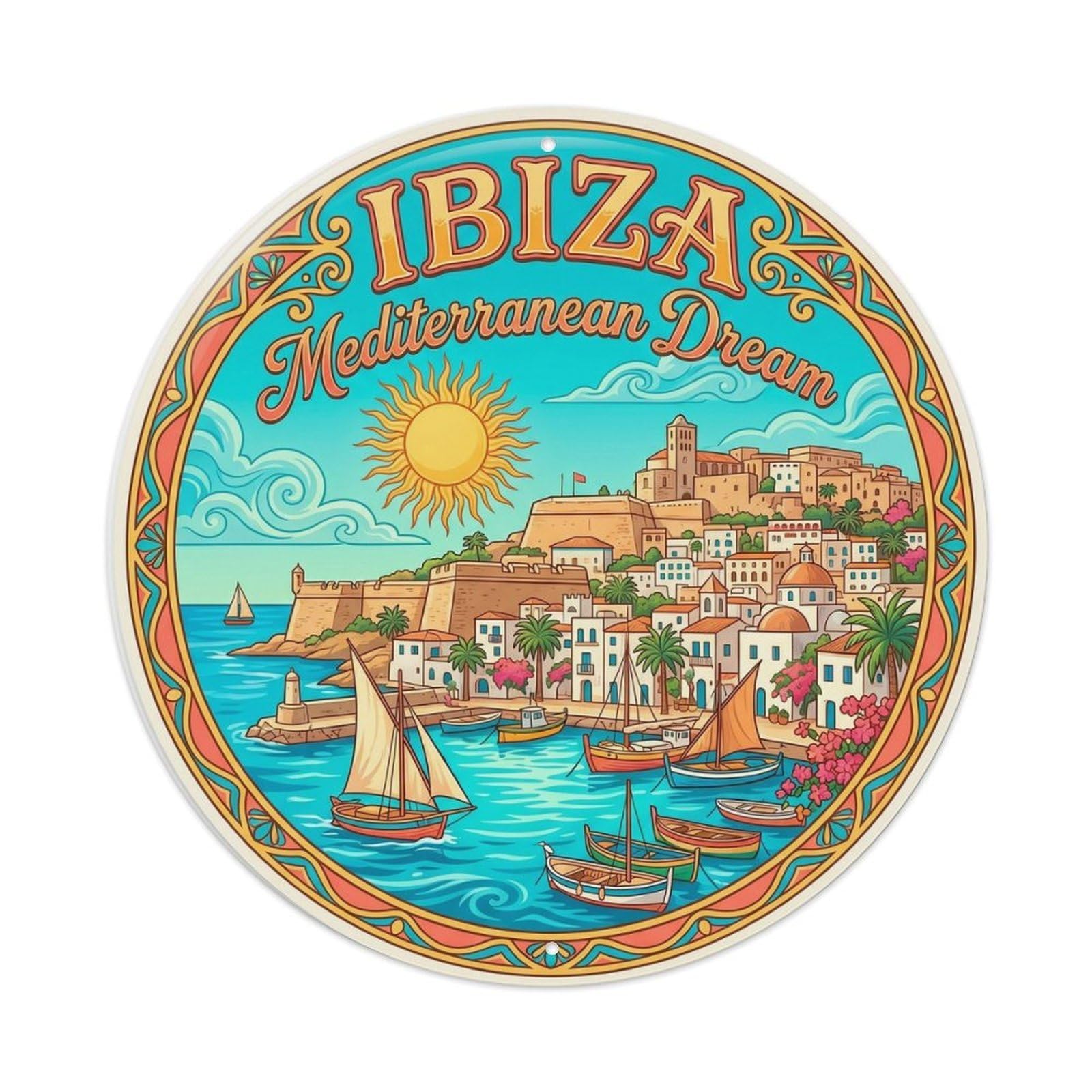Vintage Travel Balearic Coastal Paradise Metal Tin Sign Plaque Wall Decor for Cafe, Club Bar, Office, Home Garden Round Metal Poster 8x8Inch