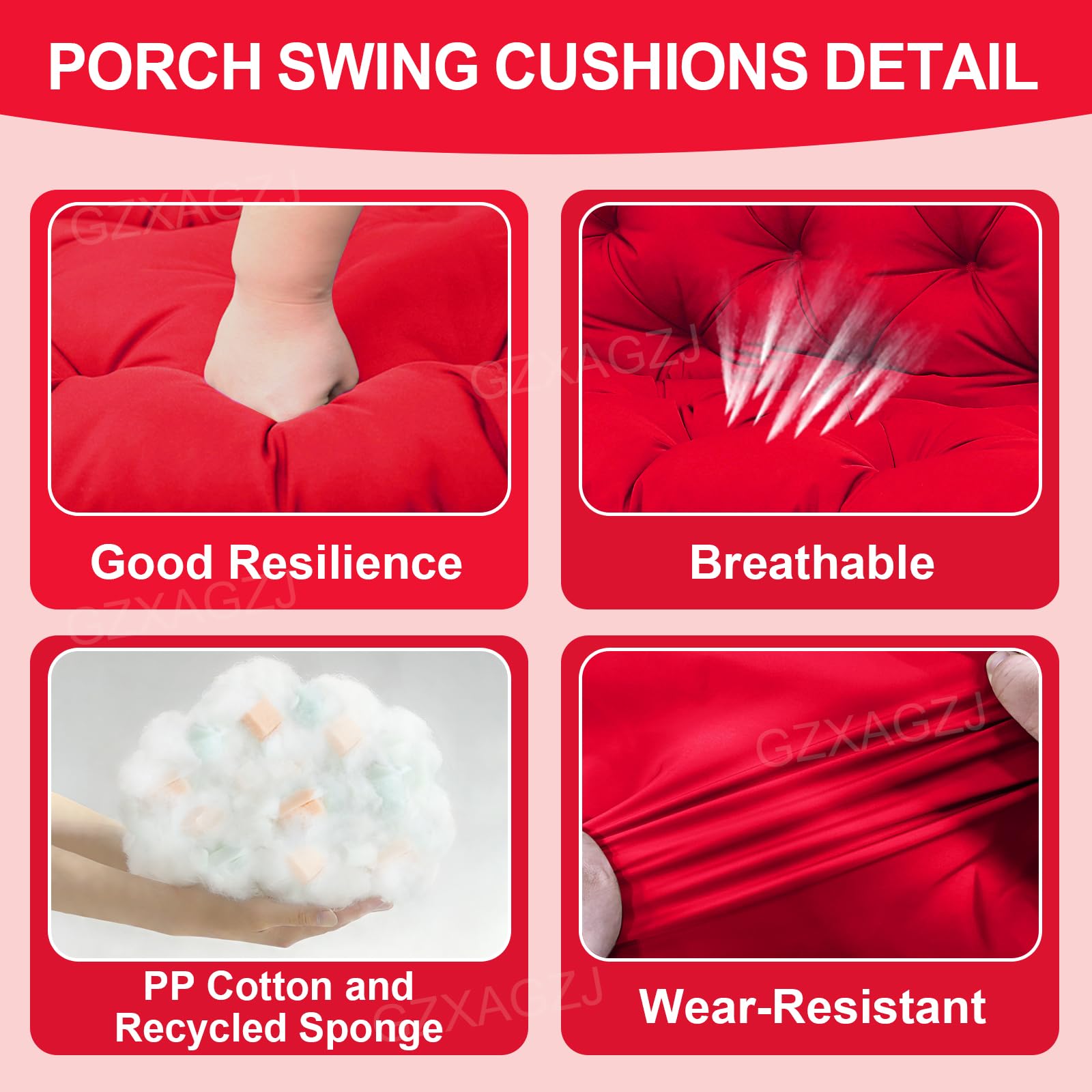 GZXAGZJ Porch Swing Cushions Outdoor 60 inch Waterproof Thicken 5" Swing Cushions Replacement with Backrest and Ties for Outdoor Furniture Porch Patio Garden Lawn (Bright red)