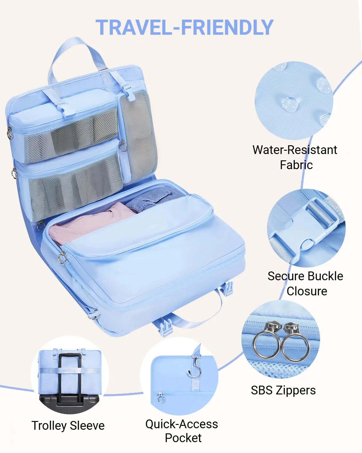 WANDF Cubi da Viaggio 6-in-1 Organizzatore per Valigie con Gancio 360°, Cubi da Viaggio Comprimibili Idrorepellenti, Bagaglio a Mano Multifunzionale, Accessori Viaggio Uomo e Donna, Blu