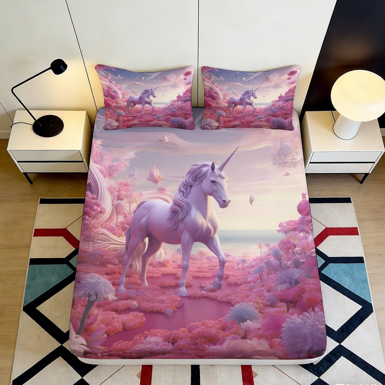 3D Printed Fantasy Unicorn Fitted Sheet Microfiber Soft Pink Dreamland Mattress Cover for Bedroom Decor Home Use 90x200x25cm