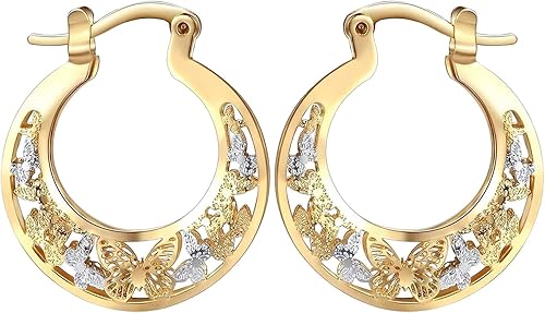 Aretes de aro de mariposa con incrustaciones para mujer, joyería de oreja personalizada, joyería linda para comer para niñas (oro, talla única)