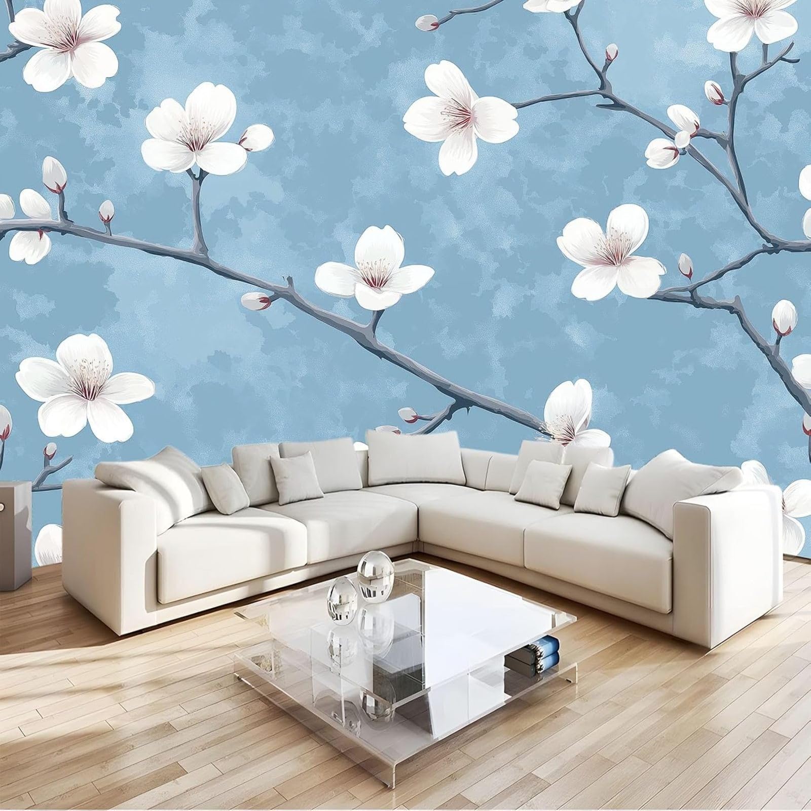 Kfjhgbdshhj 3D Mural Photo Wallpaper Cherry Blossom Pattern White Wallpaper Non-Woven Wall Decoration Wallpaper Decoration Study Room Living Room Restaurant Cafe Grey Blue,200Cmx140cm
