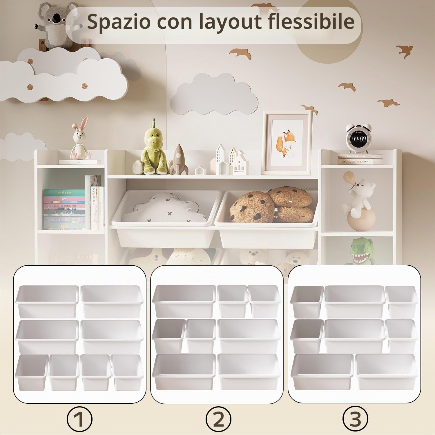 Scaffale per bambini 3 in 1, Mobiletto per giocattoli, Scaffale per giocattoli, Libreria con 8 contenitori rimovibili, Organizzatore per giocattoli per cameretta, Sala giochi, Asilo Nido, Came