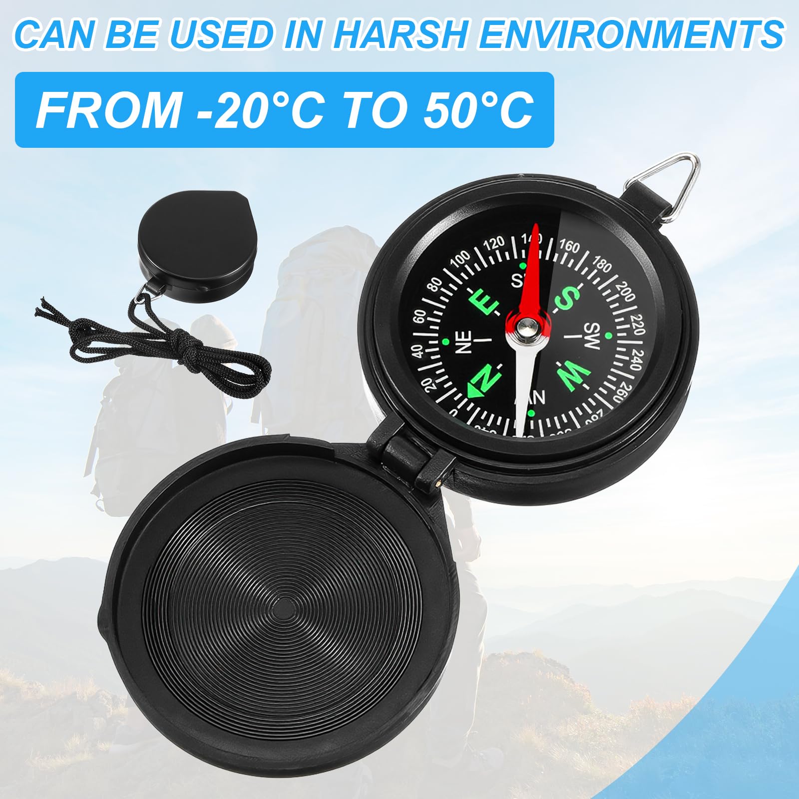 Lot de 24 boussoles de survie en vrac, mini boussole de poche avec corde de suspension pour randonnée, camping, chasse, escalade et navigation (noir)