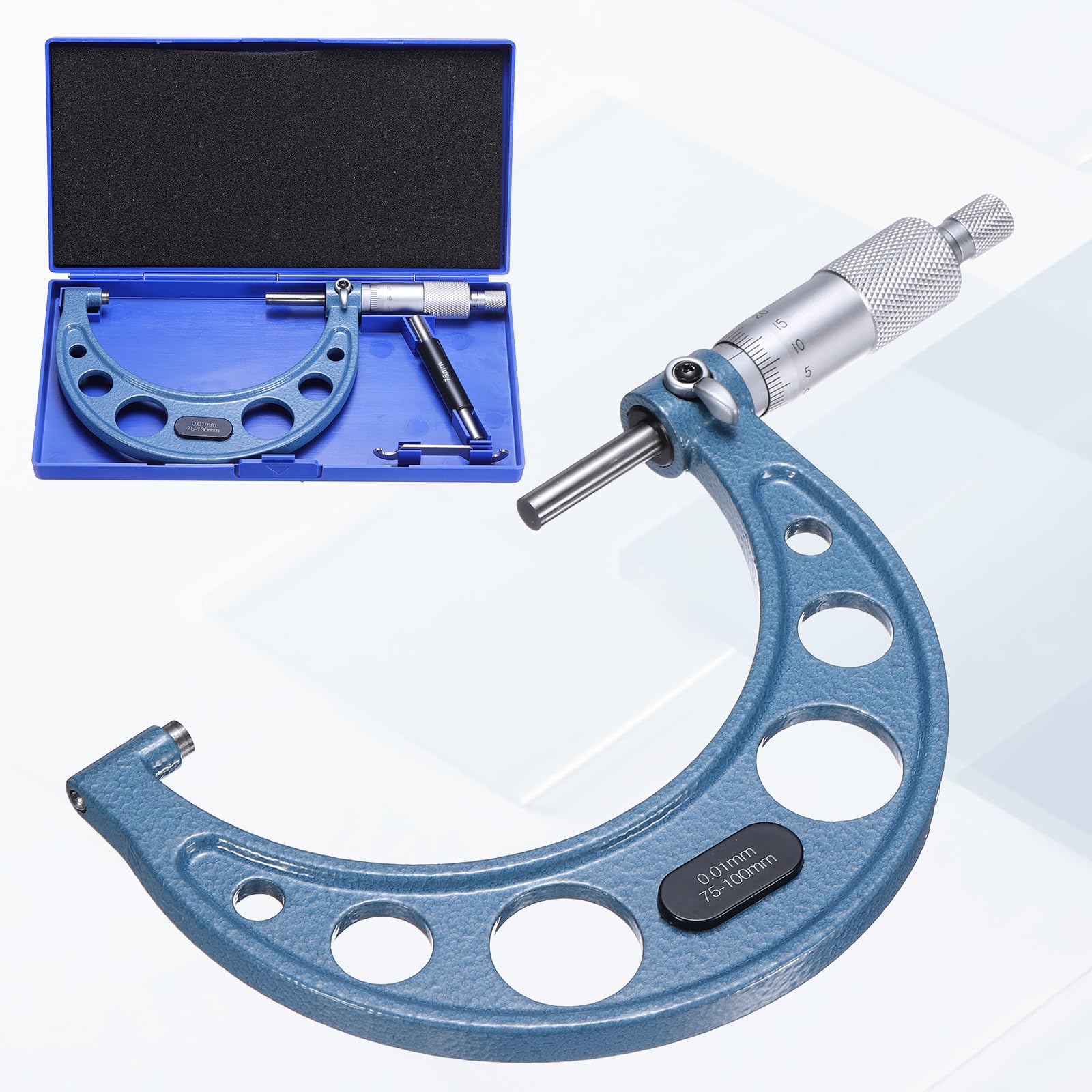 Herramienta de medición de precisión de grado industrial para metal, con rango métrico de 75-100 mm y precisión de +/-0,01 mm, con tope de trinquete, para maquinistas e ingenieros. Color azul.