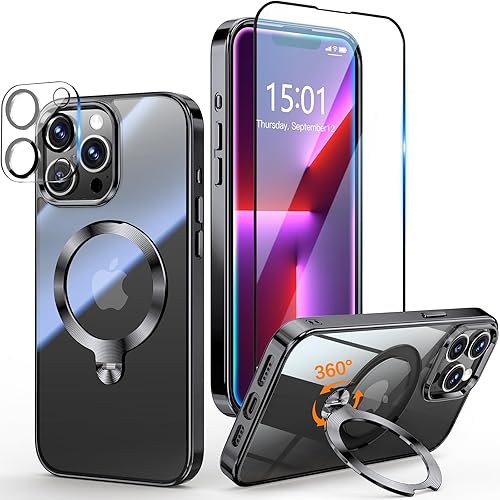 [Protección Tri-Shield] Funda para iPhone 13 Pro con soporte giratorio de 360° compatible con MagSafe [anillo magnético de CD) [protector de Negro