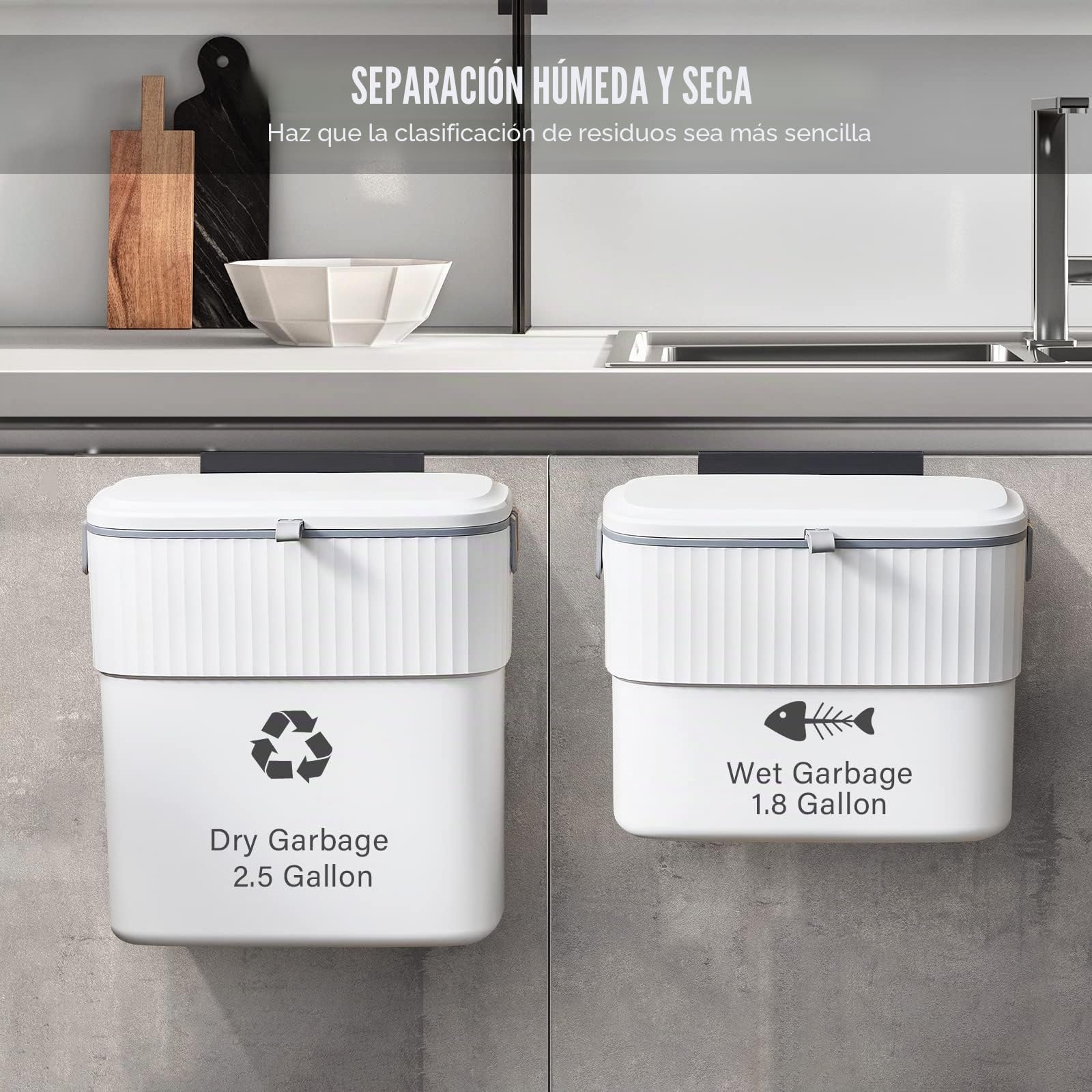 ELPHECO Cubo de basura colgante de 1.8 galones con tapa, cubo de basura de 7 litros montado en la pared para puerta de armario de cocina, cubo de basura pequeño debajo del fregadero para armario, baño