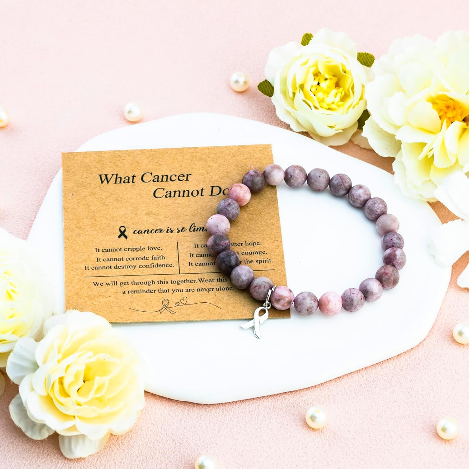 Breast Cancer Bracelets Natural Stone Bead Breast Cancer Awareness Bracelets with Ribbon Charm Inspirational Encouragement Gift with Message Card for Women - Image 5