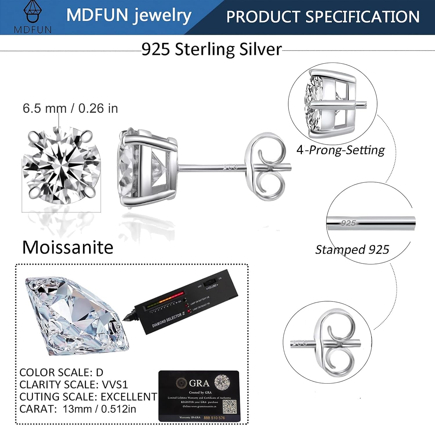Synthetic Moissanite Stud Earrings, 316L Stainless Steel/Sterling Silver 4 Prong Round Stud Earring Hypoallergenic Jewelry for Women Men 3-7mm