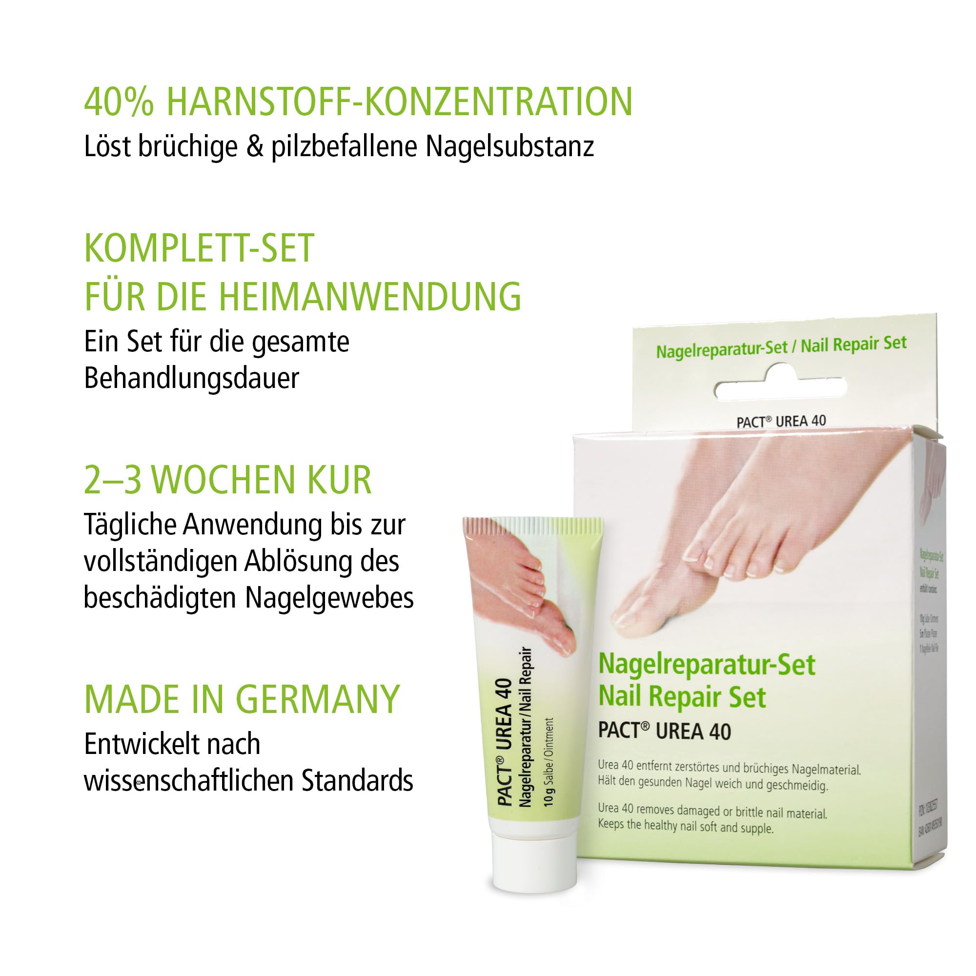 PACT Urea 40 réparation des ongles | en cas de mycose des ongles | kit mycose des ongles | | 40 % d'urée - Ruban adhésif de 5 m - Lime à ongles - Traitement de 2 à 3 semaines - Fabriqué en Allemagne