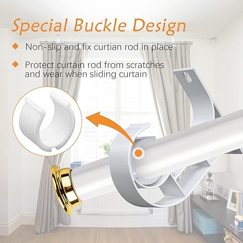 Miniatura 3 de TOKPLNU Soporte para barra de cortina de techo, soporte de barras de cortina resistente, aleación de aluminio, blanco, paquete de 6 ganchos