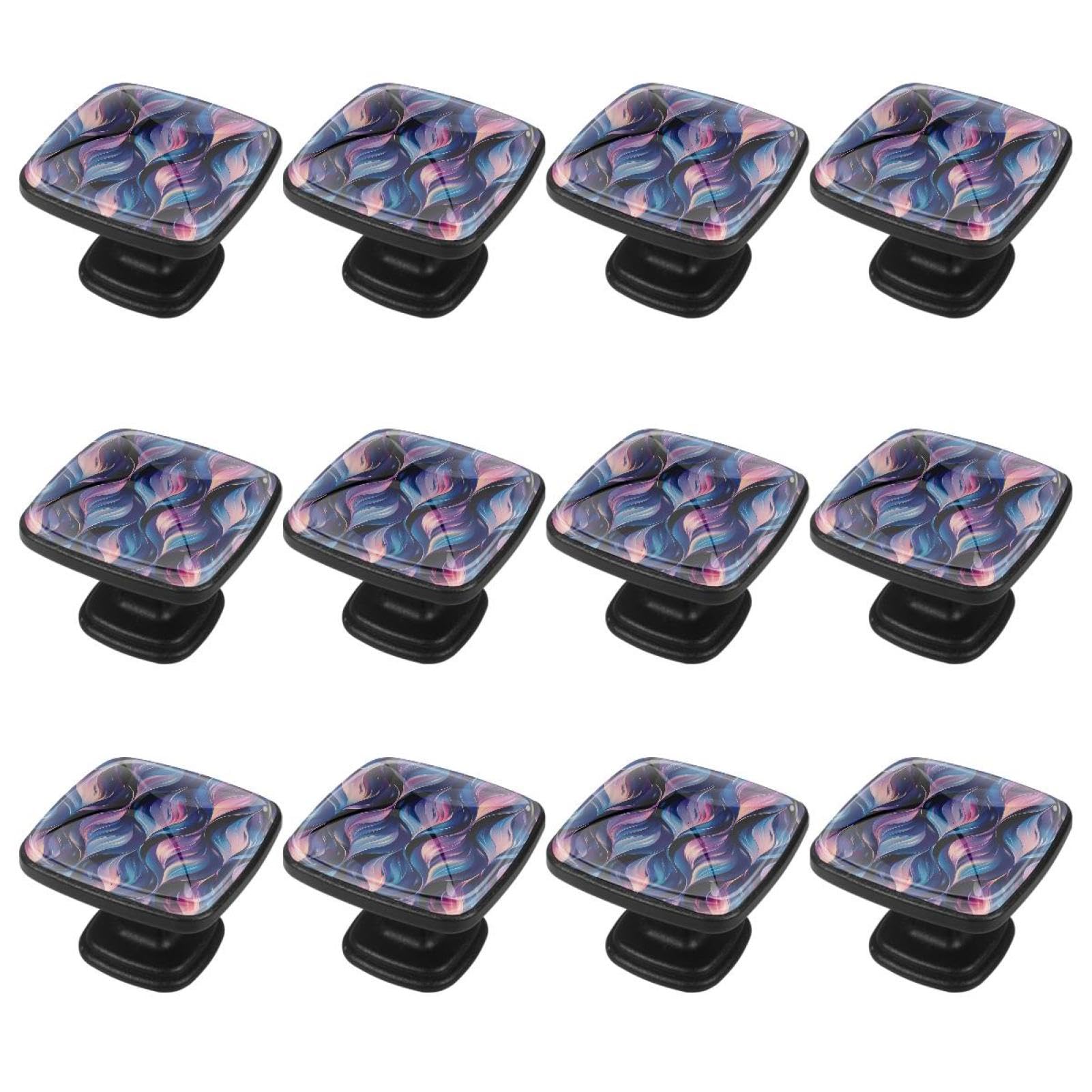 IROLSKDNFH 12 Pieces Cool Purple Pattern Glass Knobs for Dresser Drawers, 1.37 x 1.10 in Square Kitchen Cabinet Pulls for Home Office Nursery Kids Room